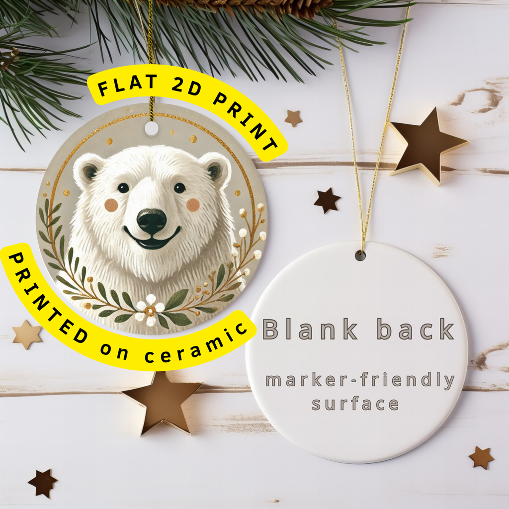 Floral Polar Bear Ceramic Ornament – Botanical Arctic Christmas