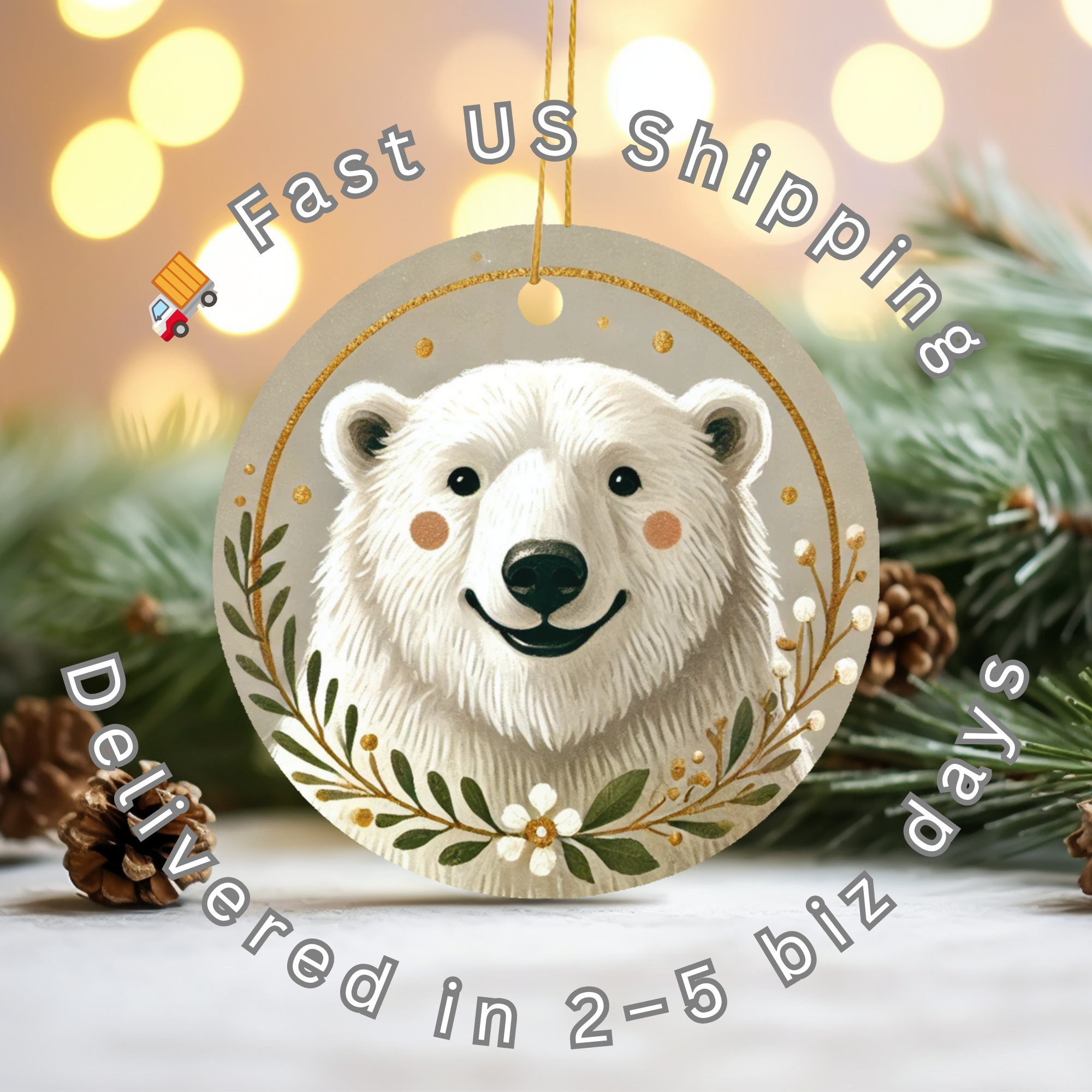 Floral Polar Bear Ceramic Ornament – Botanical Arctic Christmas