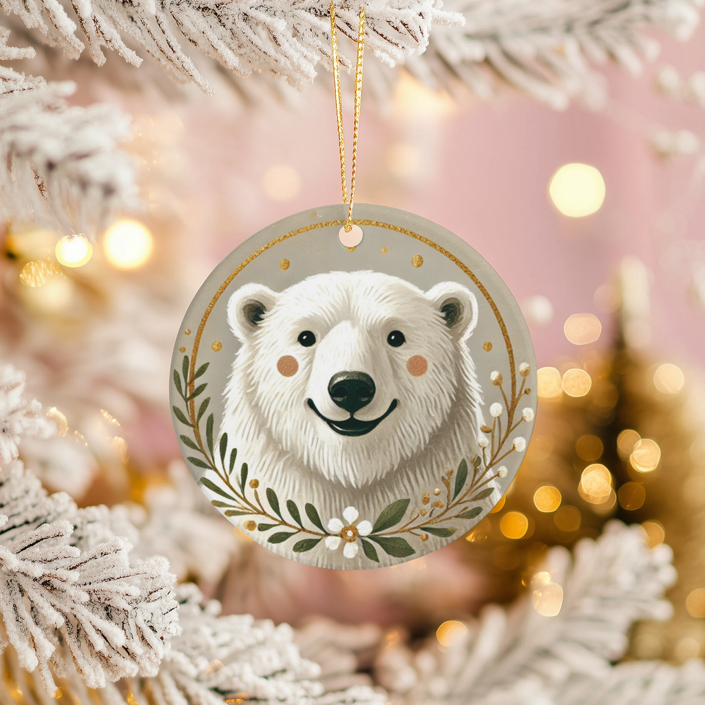 Floral Polar Bear Ceramic Ornament – Botanical Arctic Christmas