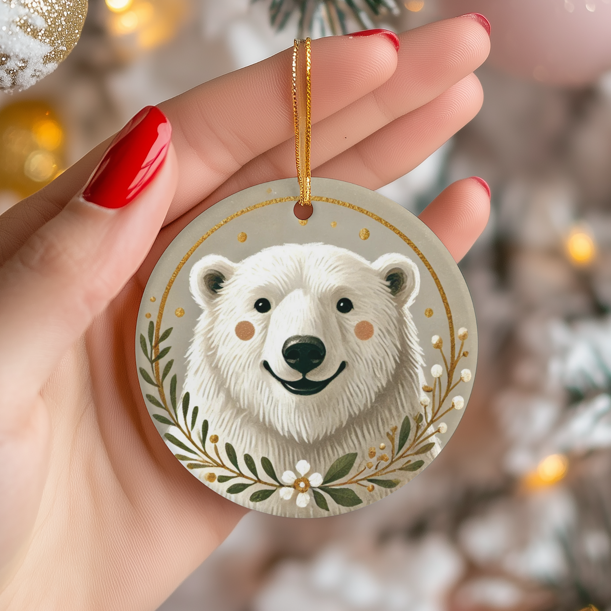 Floral Polar Bear Ceramic Ornament – Botanical Arctic Christmas