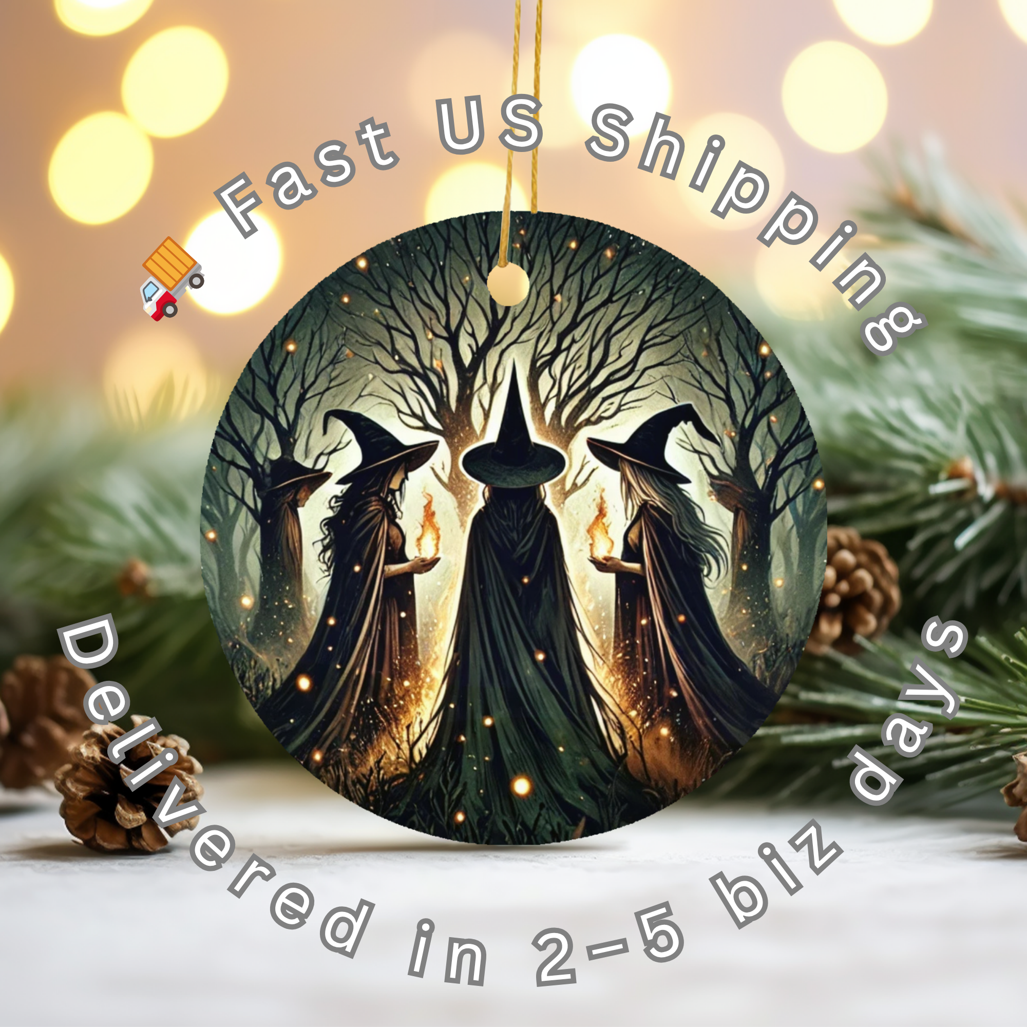 Witch Coven Ceramic Ornament – Moonlit Forest Ritual