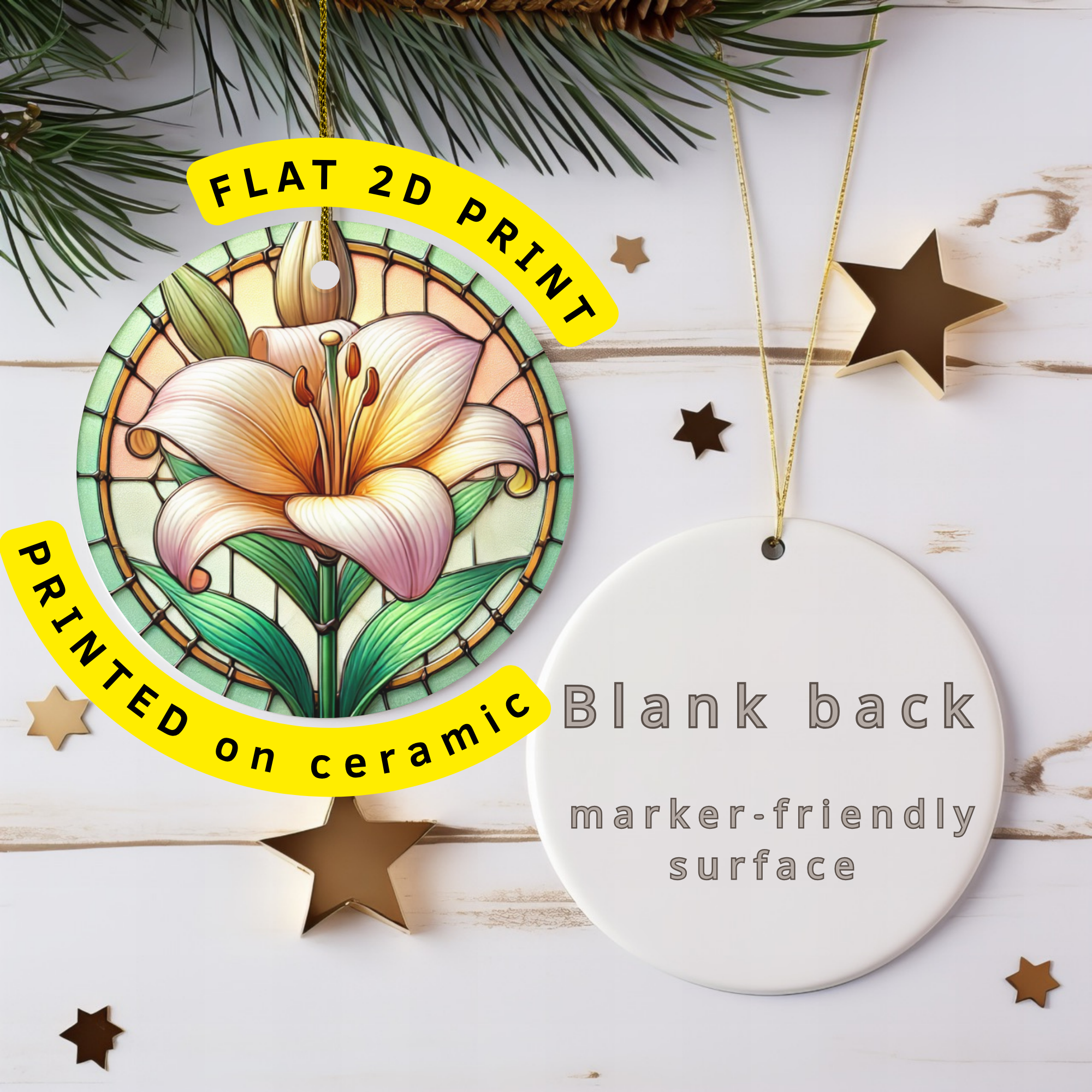 Warm Sunset Lily Stained Glass Style Ceramic Ornament – Printed on Ceramic