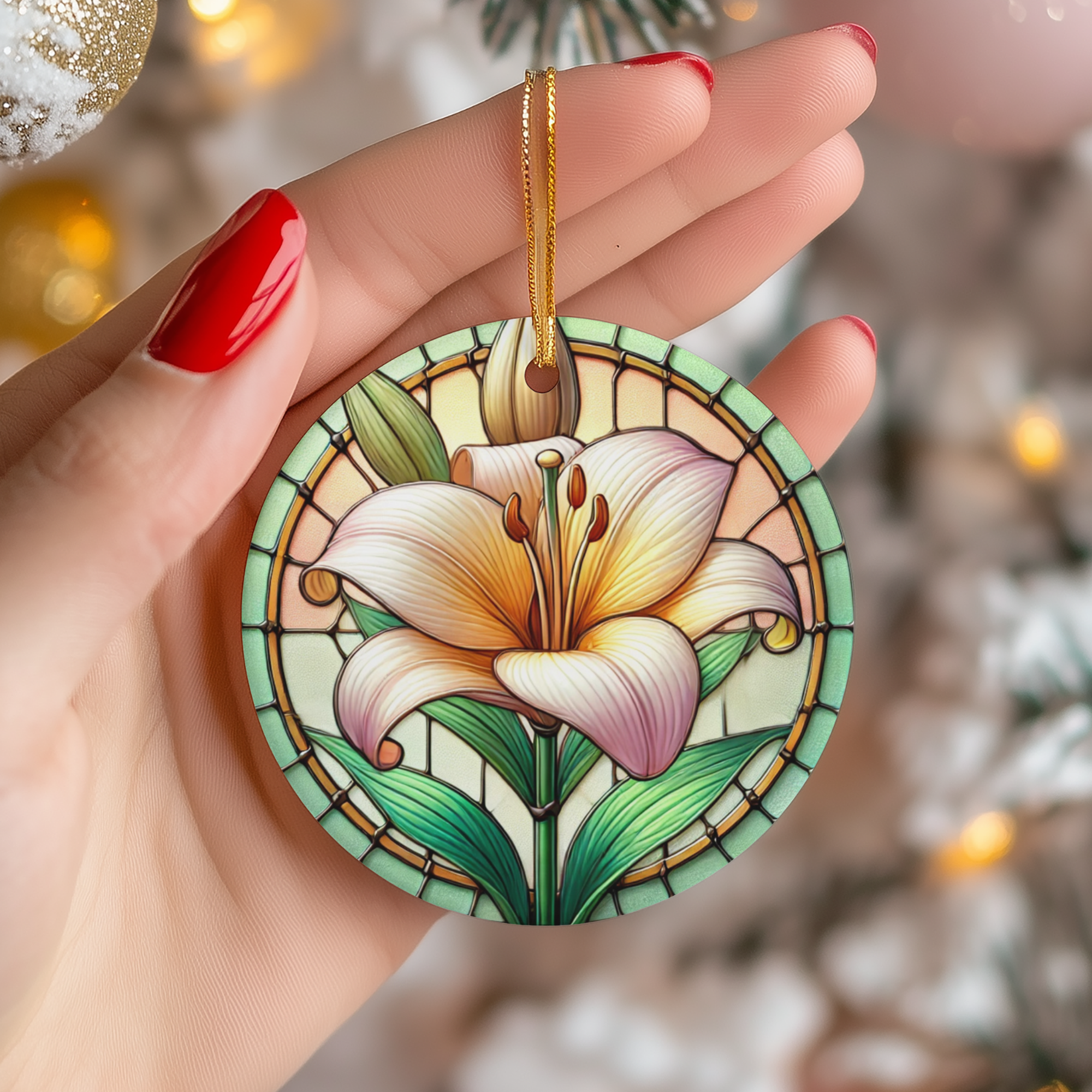 Warm Sunset Lily Stained Glass Style Ceramic Ornament – Printed on Ceramic