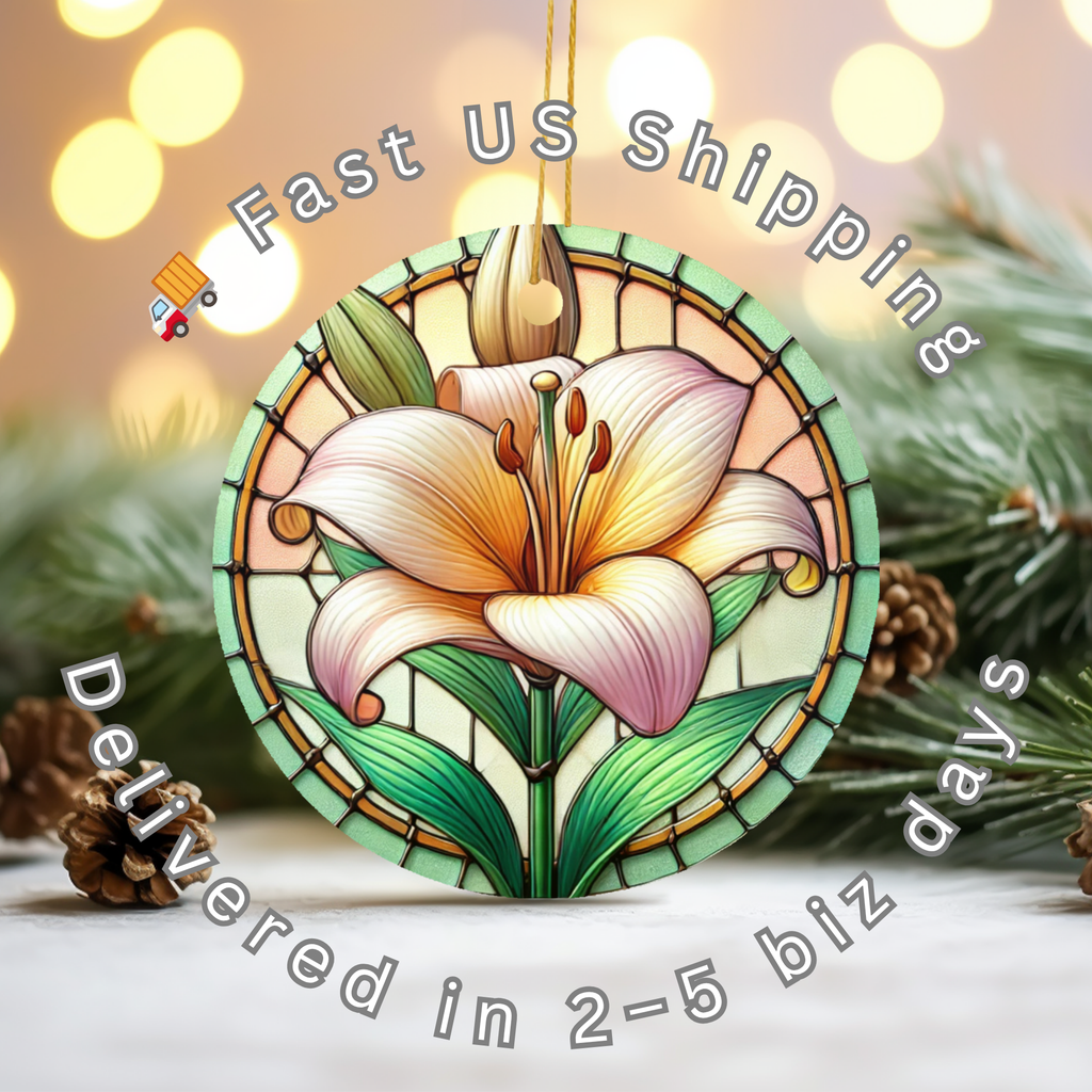 Warm Sunset Lily Stained Glass Style Ceramic Ornament – Printed on Ceramic