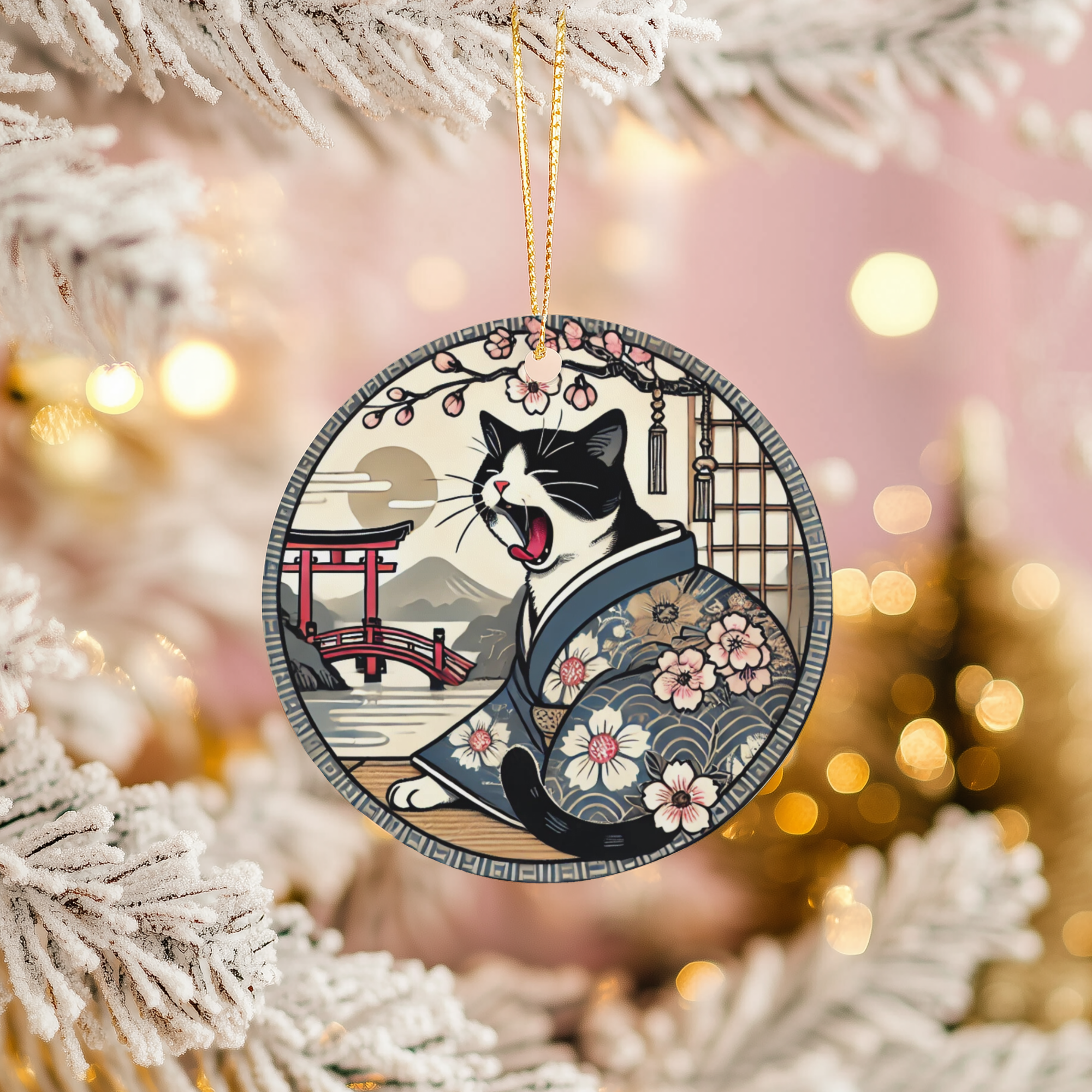Japanese Kimono Cat Ceramic Ornament – Cherry Blossom Decor