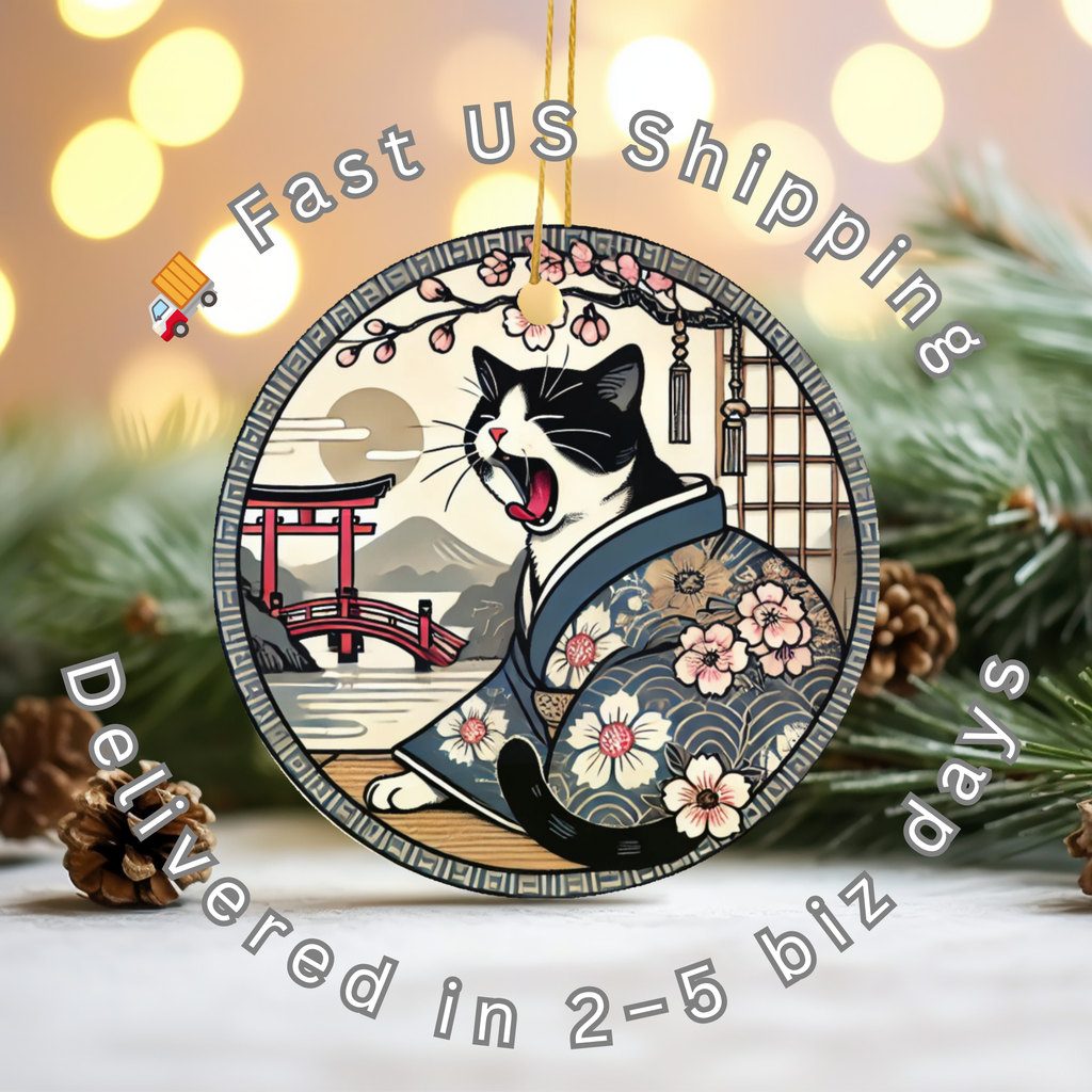 Japanese Kimono Cat Ceramic Ornament – Cherry Blossom Decor