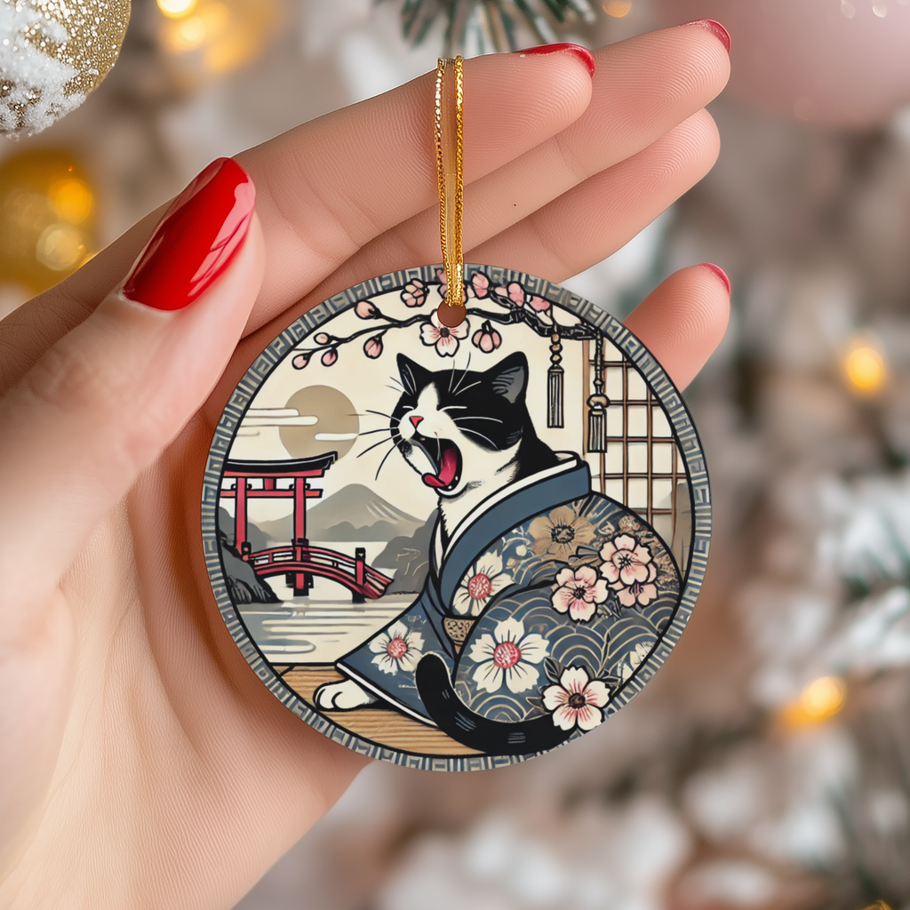 Japanese Kimono Cat Ceramic Ornament – Cherry Blossom Decor
