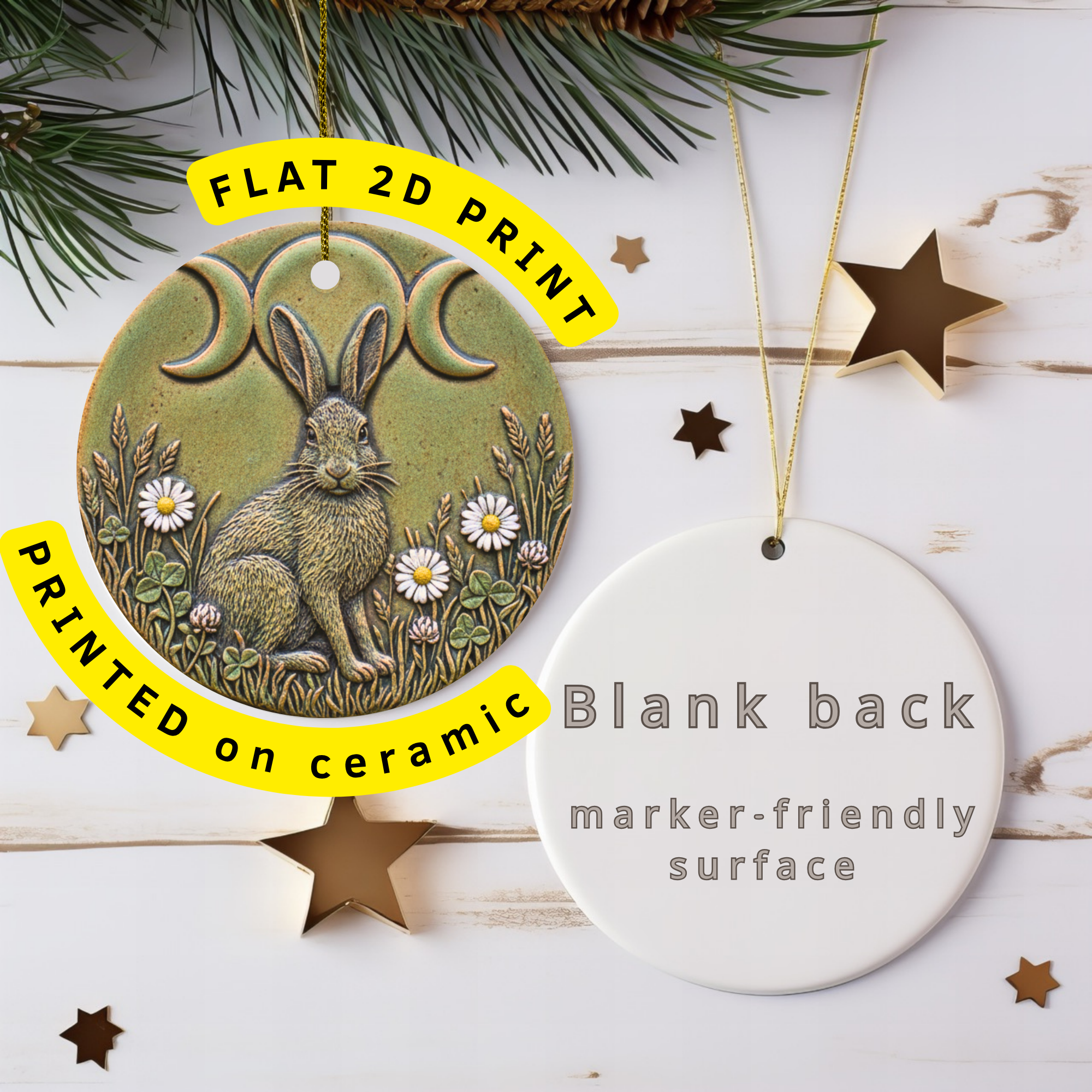 Triple Moon Hare  Goddess Decor Pagan Yule Gift Nature Art Ceramic Ornament – Holiday Keepsake Decor