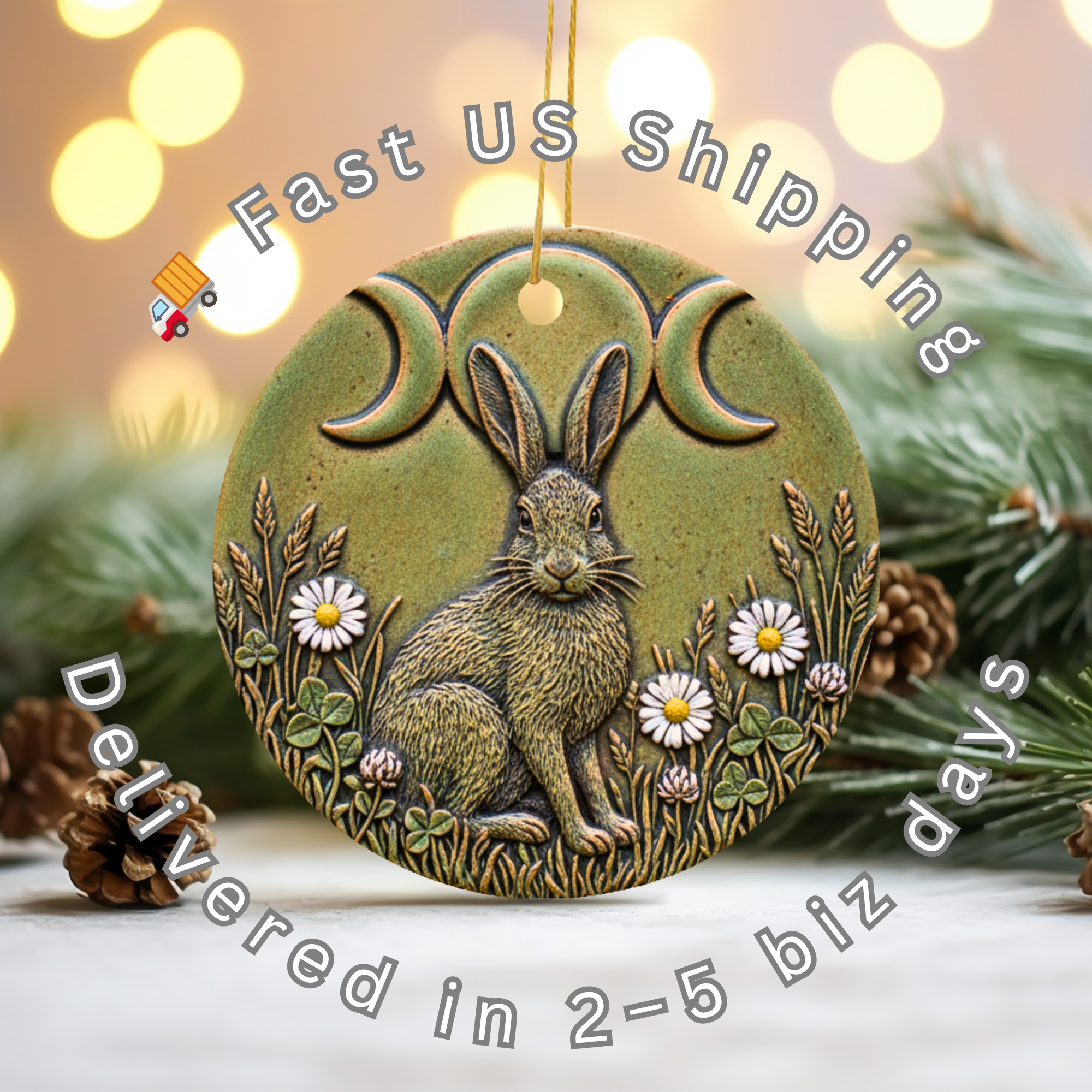 Triple Moon Hare  Goddess Decor Pagan Yule Gift Nature Art Ceramic Ornament – Holiday Keepsake Decor