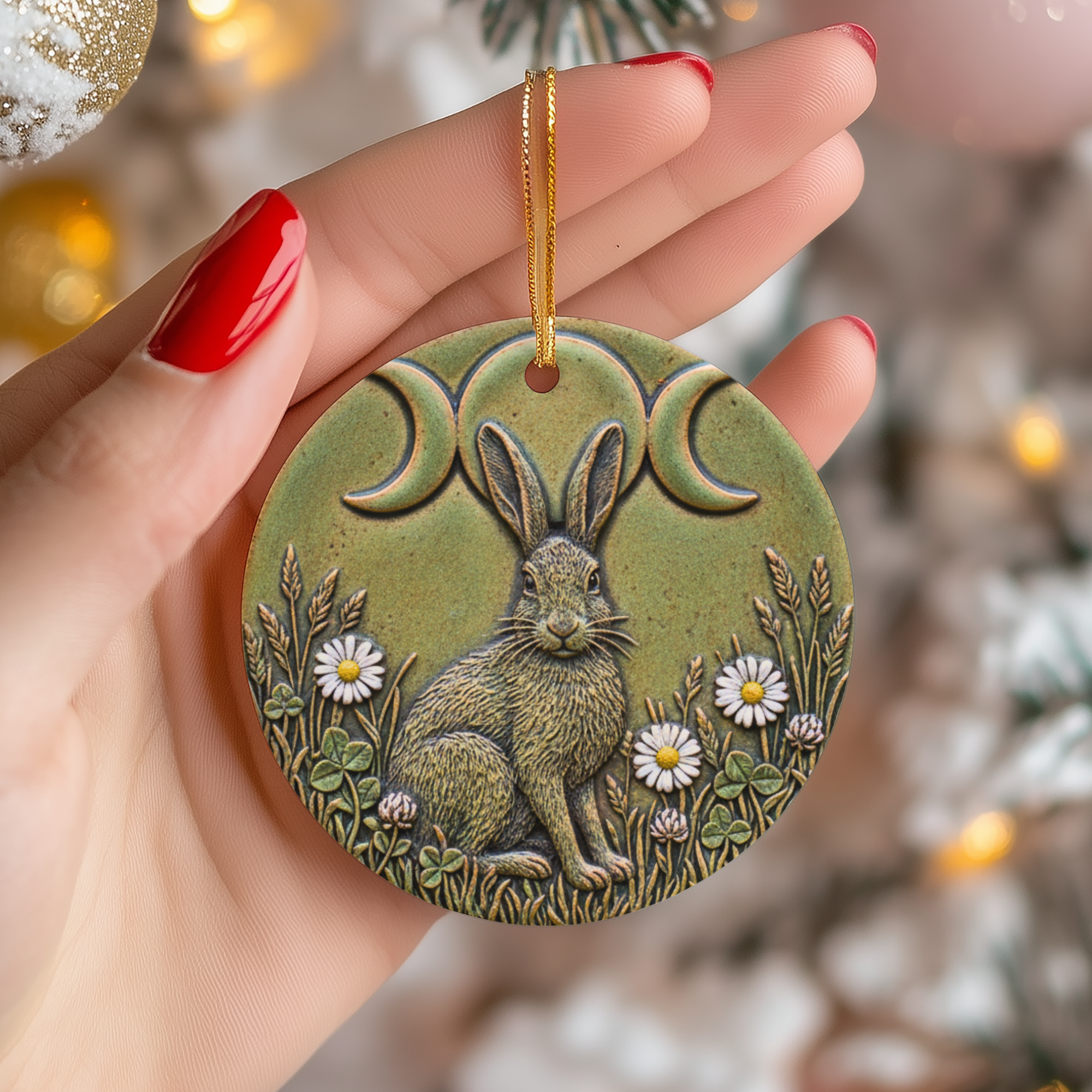 Triple Moon Hare  Goddess Decor Pagan Yule Gift Nature Art Ceramic Ornament – Holiday Keepsake Decor