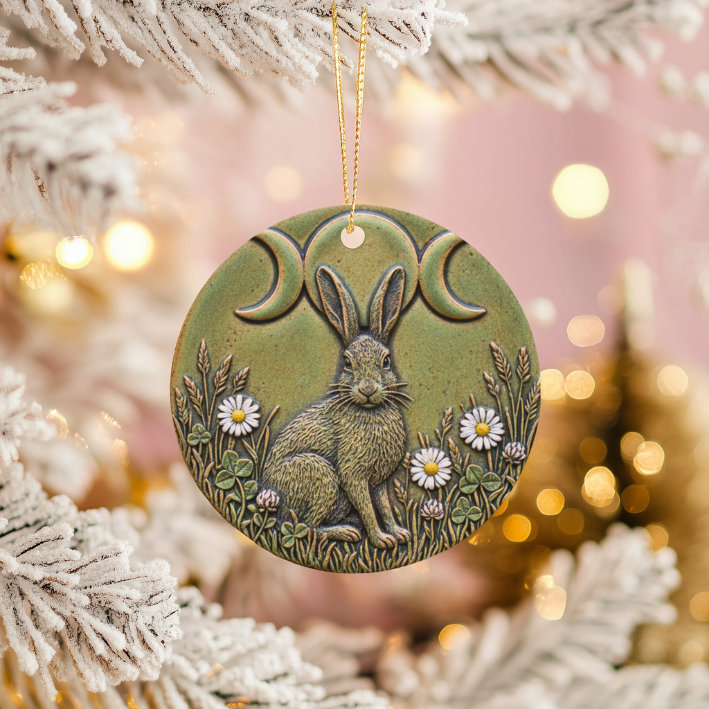 Triple Moon Hare  Goddess Decor Pagan Yule Gift Nature Art Ceramic Ornament – Holiday Keepsake Decor
