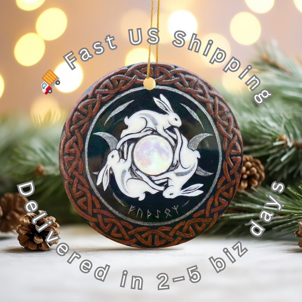Triple Moon Hare  Celtic Knot Design Pagan Yule Decor White Rabbit Witchy Gift G Ceramic Ornament – Holiday Keepsake…
