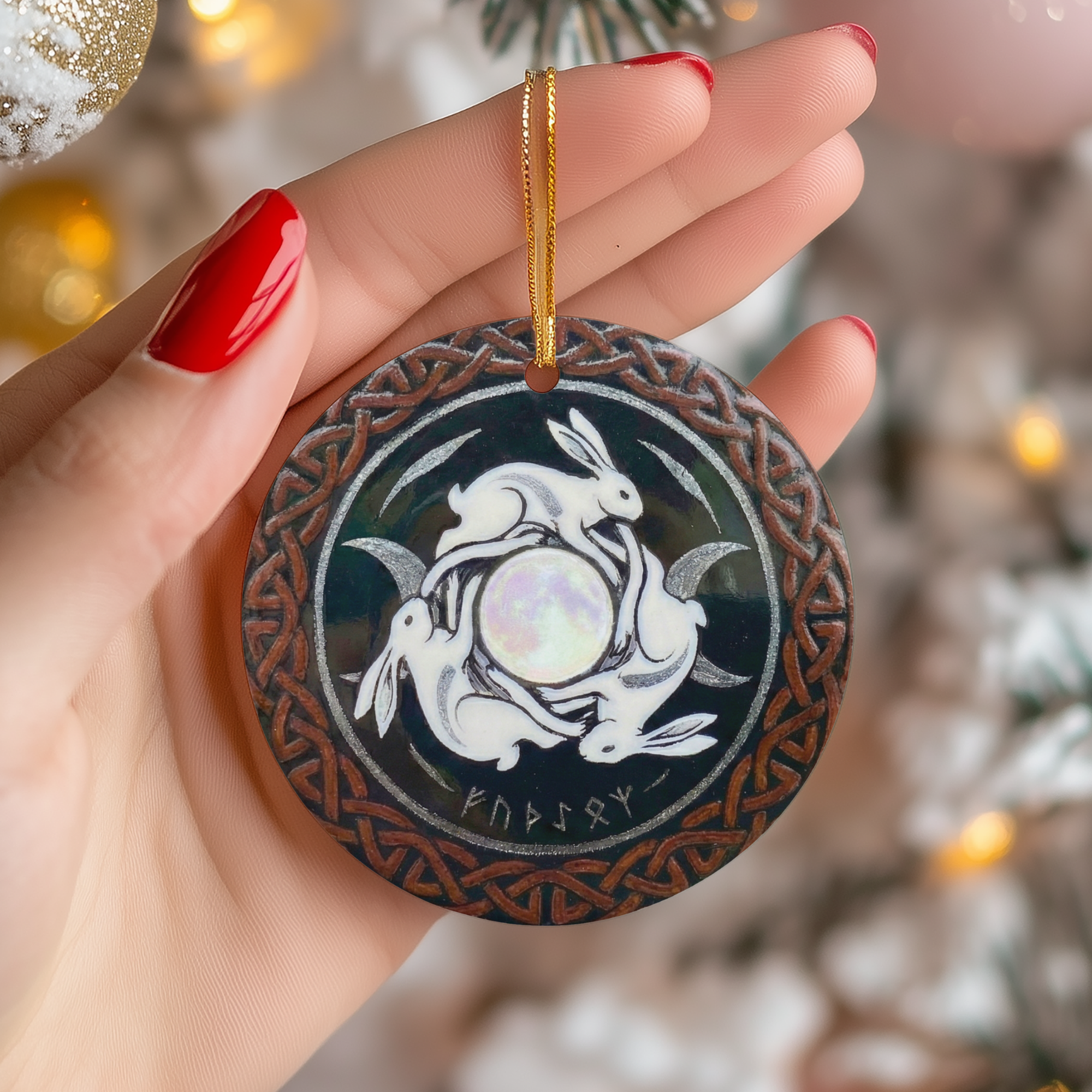 Triple Moon Hare  Celtic Knot Design Pagan Yule Decor White Rabbit Witchy Gift G Ceramic Ornament – Holiday Keepsake…