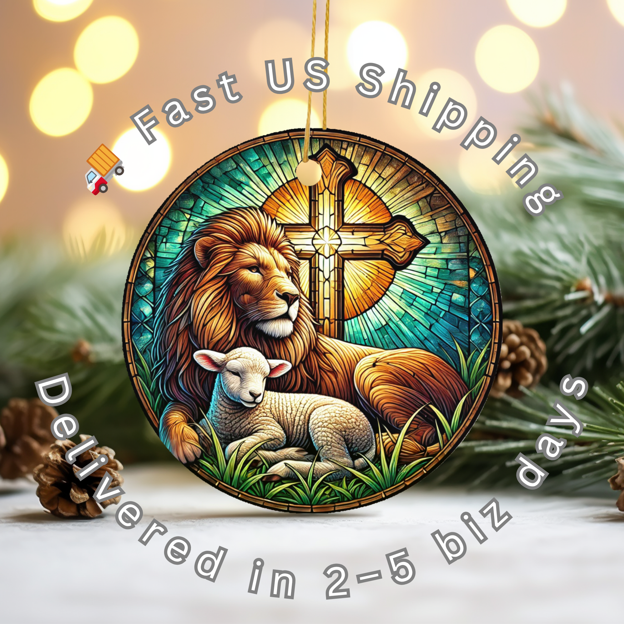 Lion and Lamb  Stained Glass Style Cross | Christian Ceramic Faith Decor | Relig Ceramic Ornament – Holiday Keepsake…
