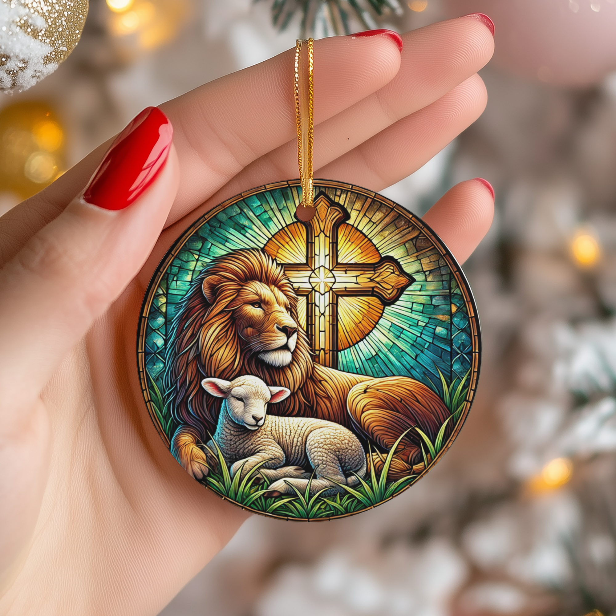 Lion and Lamb  Stained Glass Style Cross | Christian Ceramic Faith Decor | Relig Ceramic Ornament – Holiday Keepsake…