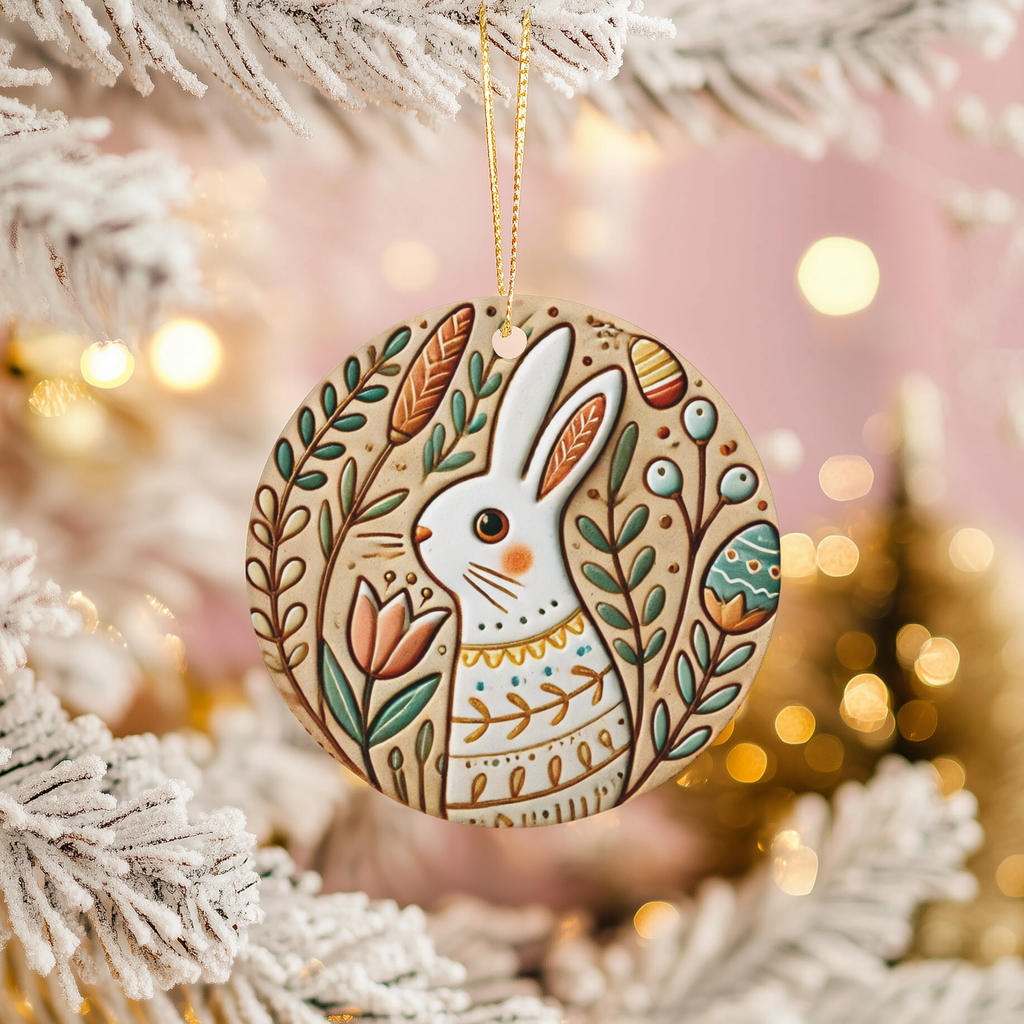 Whimsical Easter Bunny Ceramic Ornament – Spring Folk Rabbit