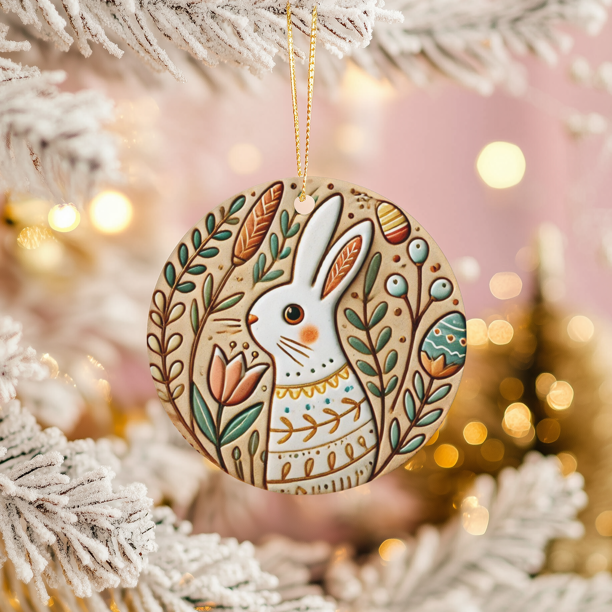 Whimsical Easter Bunny Ceramic Ornament – Spring Folk Rabbit