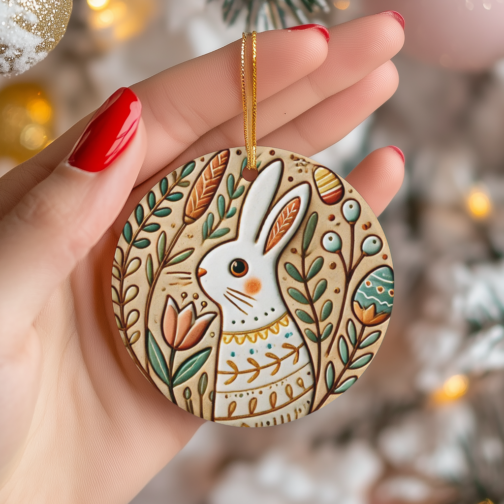 Whimsical Easter Bunny Ceramic Ornament – Spring Folk Rabbit