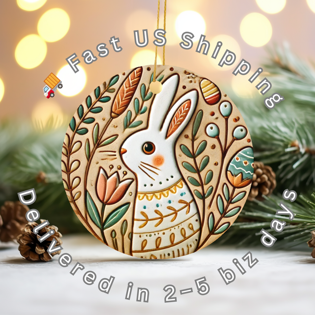 Whimsical Easter Bunny Ceramic Ornament – Spring Folk Rabbit