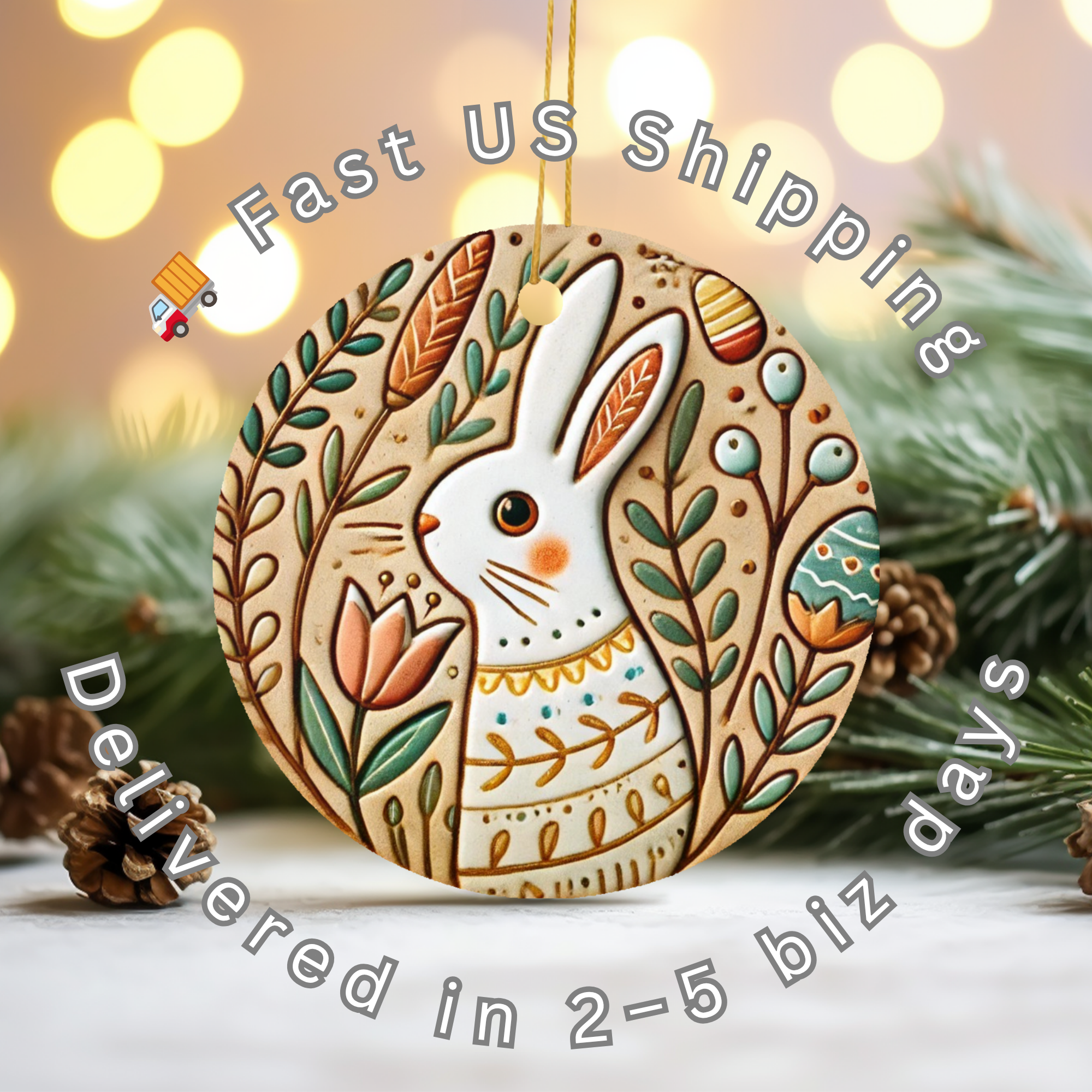 Whimsical Easter Bunny Ceramic Ornament – Spring Folk Rabbit