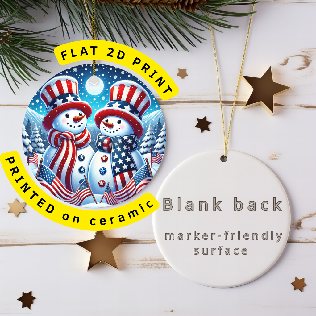 Patriotic Snowman Ceramic Ornament – Festive Winter Character