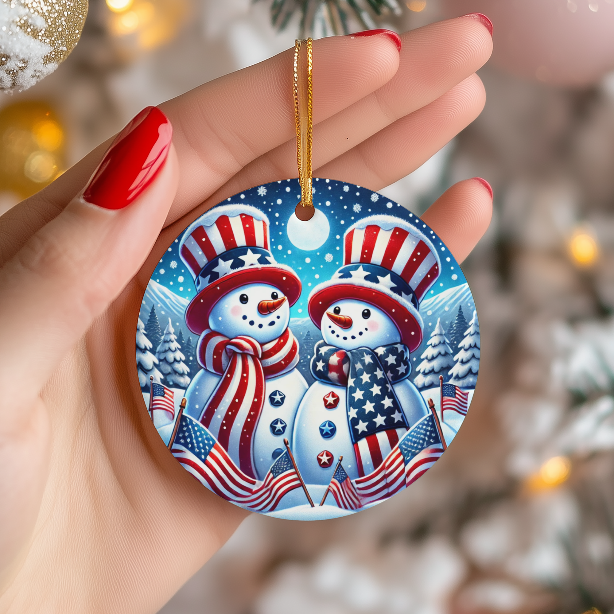 Patriotic Snowman Ceramic Ornament – Festive Winter Character
