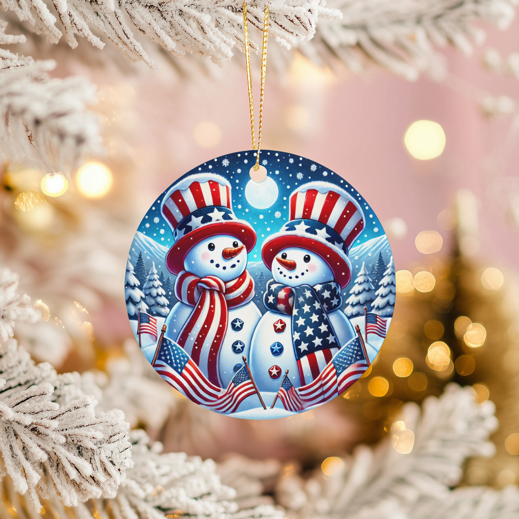 Patriotic Snowman Ceramic Ornament – Festive Winter Character