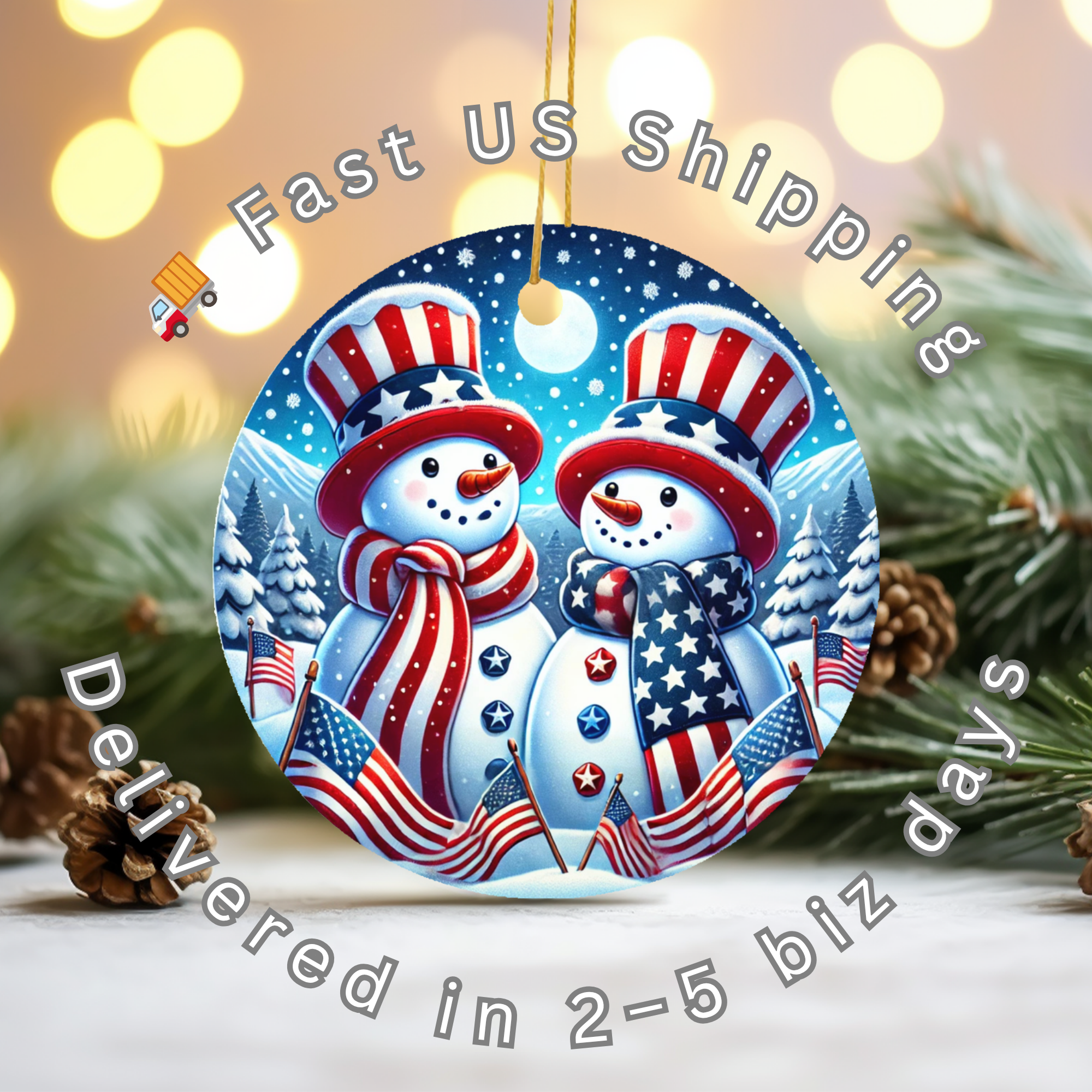 Patriotic Snowman Ceramic Ornament – Festive Winter Character