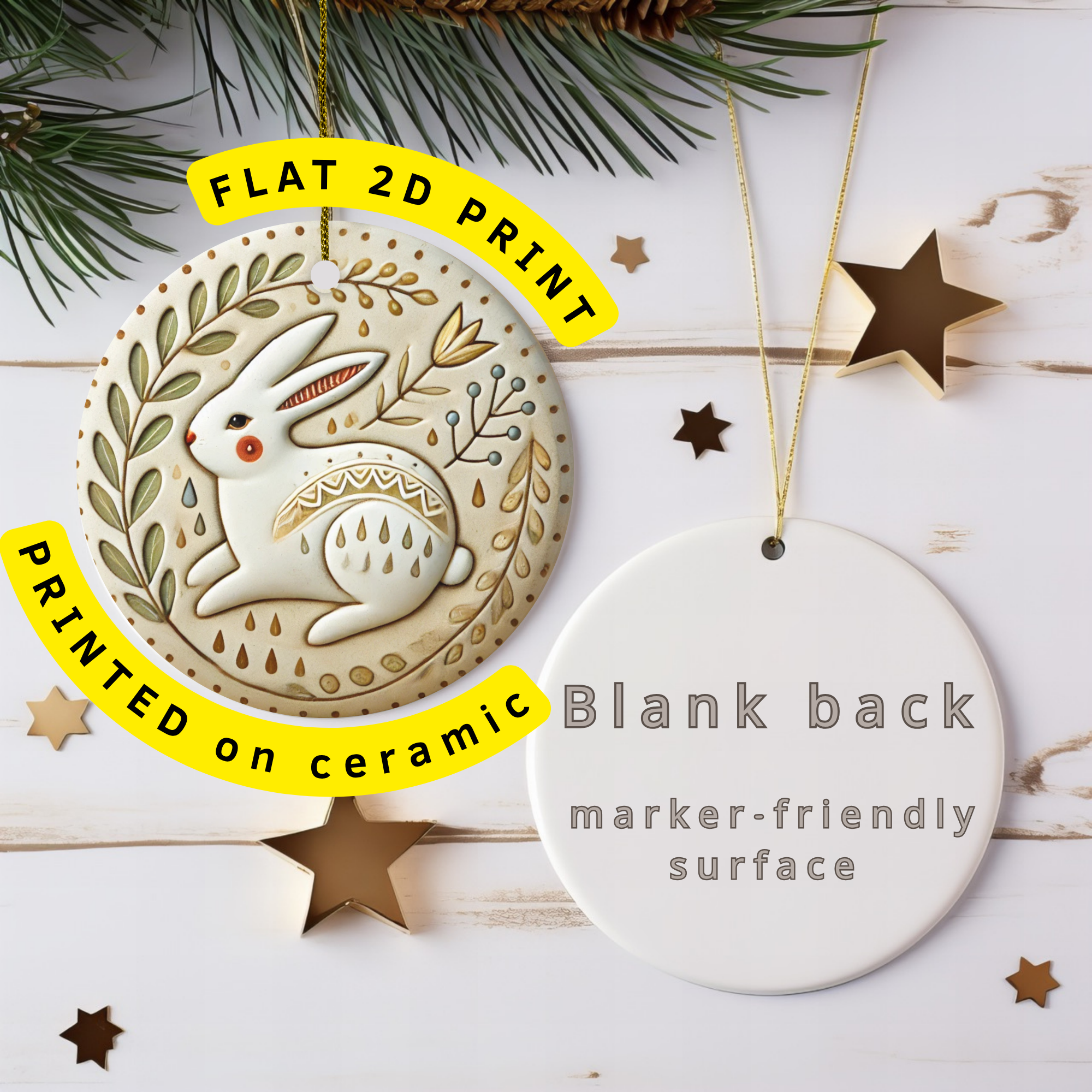 Folk Art White Hare Ceramic Ornament – Nordic Imbolc Folk
