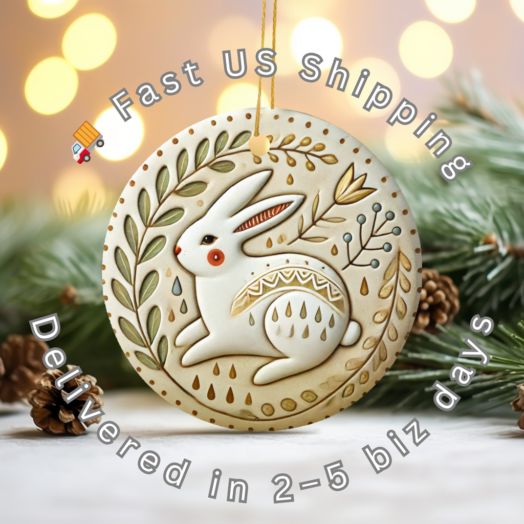 Folk Art White Hare Ceramic Ornament – Nordic Imbolc Folk