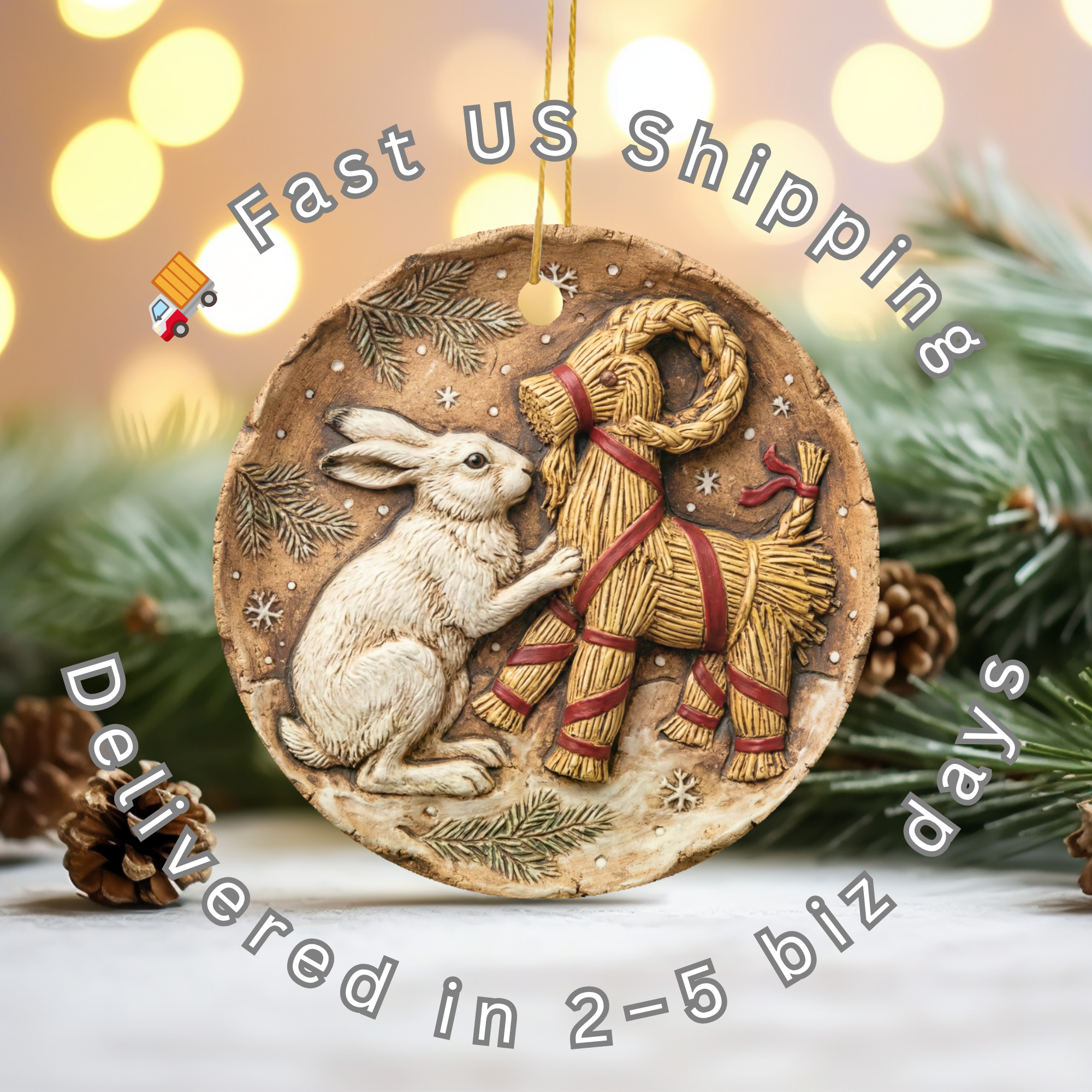 White Hare Yule  Yule Goat Decor Scandinavian Folk Art Pagan Winter Solstice Gif Ceramic Ornament – Holiday Keepsake…