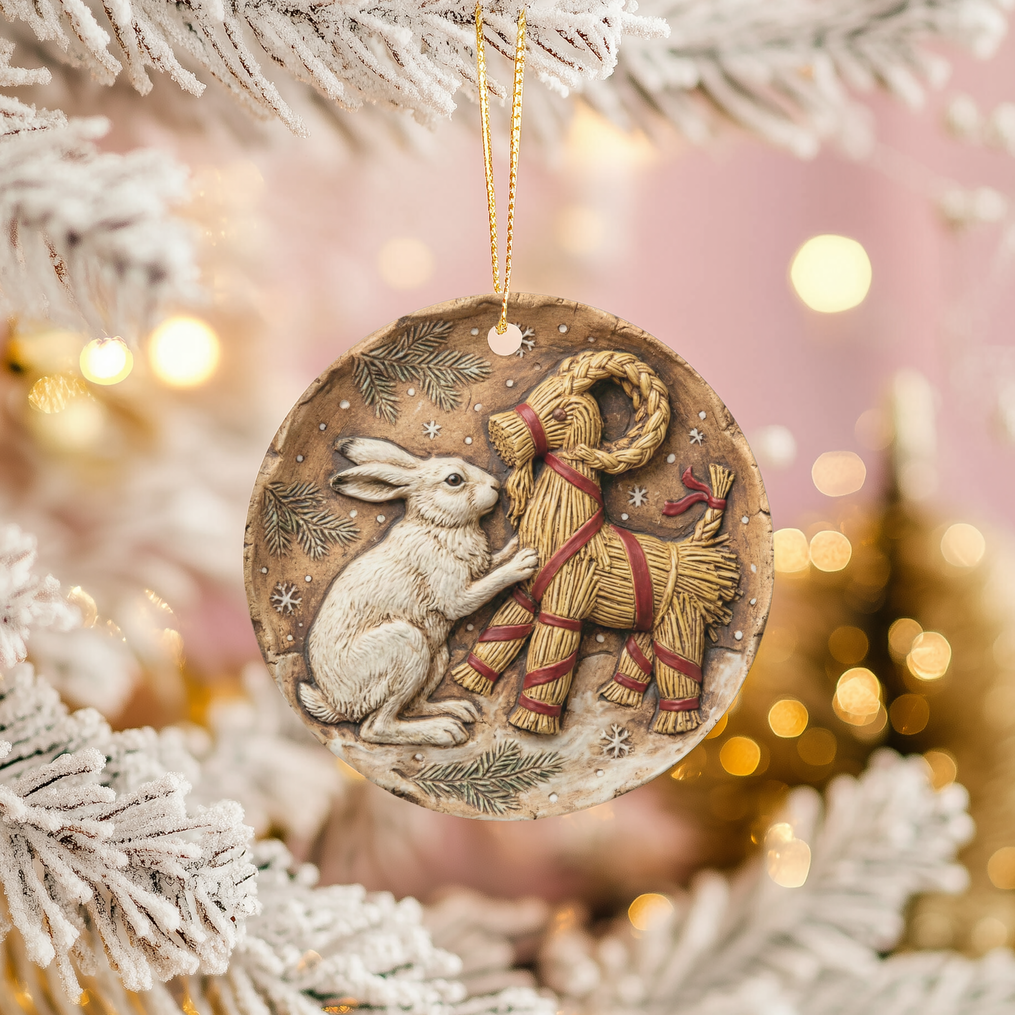 White Hare Yule  Yule Goat Decor Scandinavian Folk Art Pagan Winter Solstice Gif Ceramic Ornament – Holiday Keepsake…