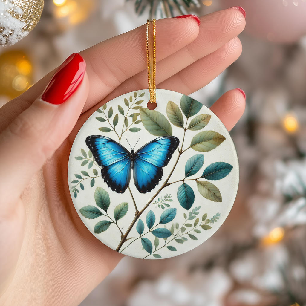 Blue Butterfly  Botanical Nature-Inspired Ceramic Décor | Symbol of Hope & Trans Ceramic Ornament – Holiday Keepsake…