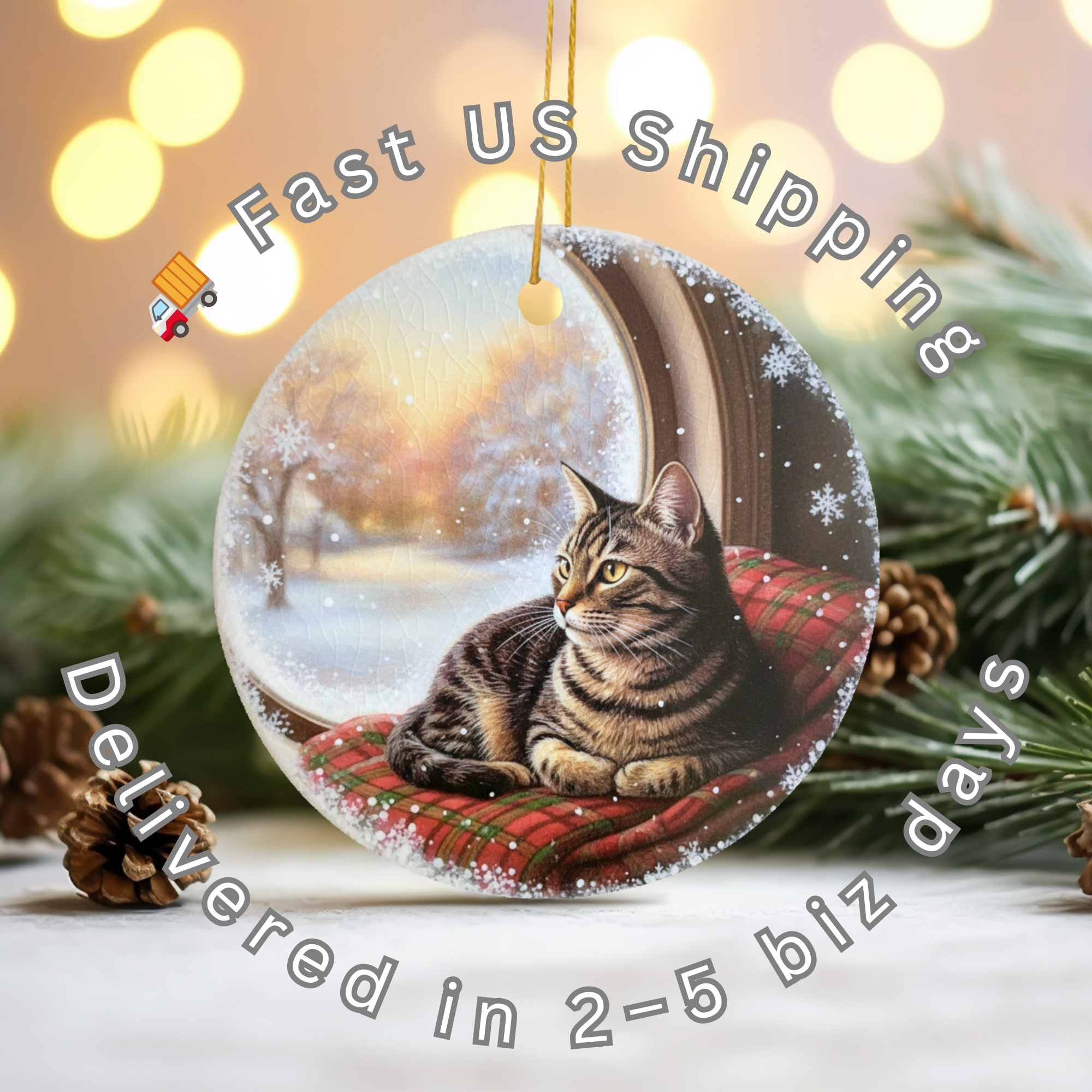 Tabby Cat Ceramic Ornament – Winter Window Christmas Decor