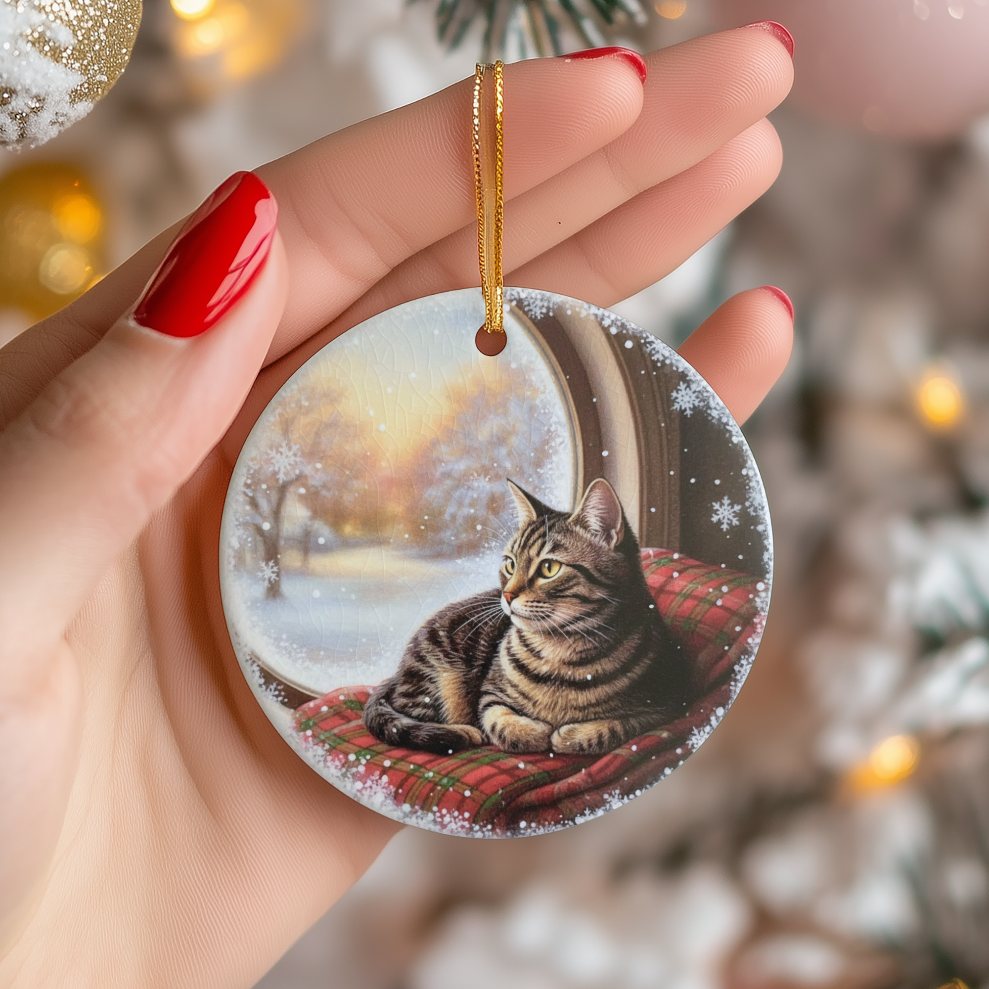 Tabby Cat Ceramic Ornament – Winter Window Christmas Decor