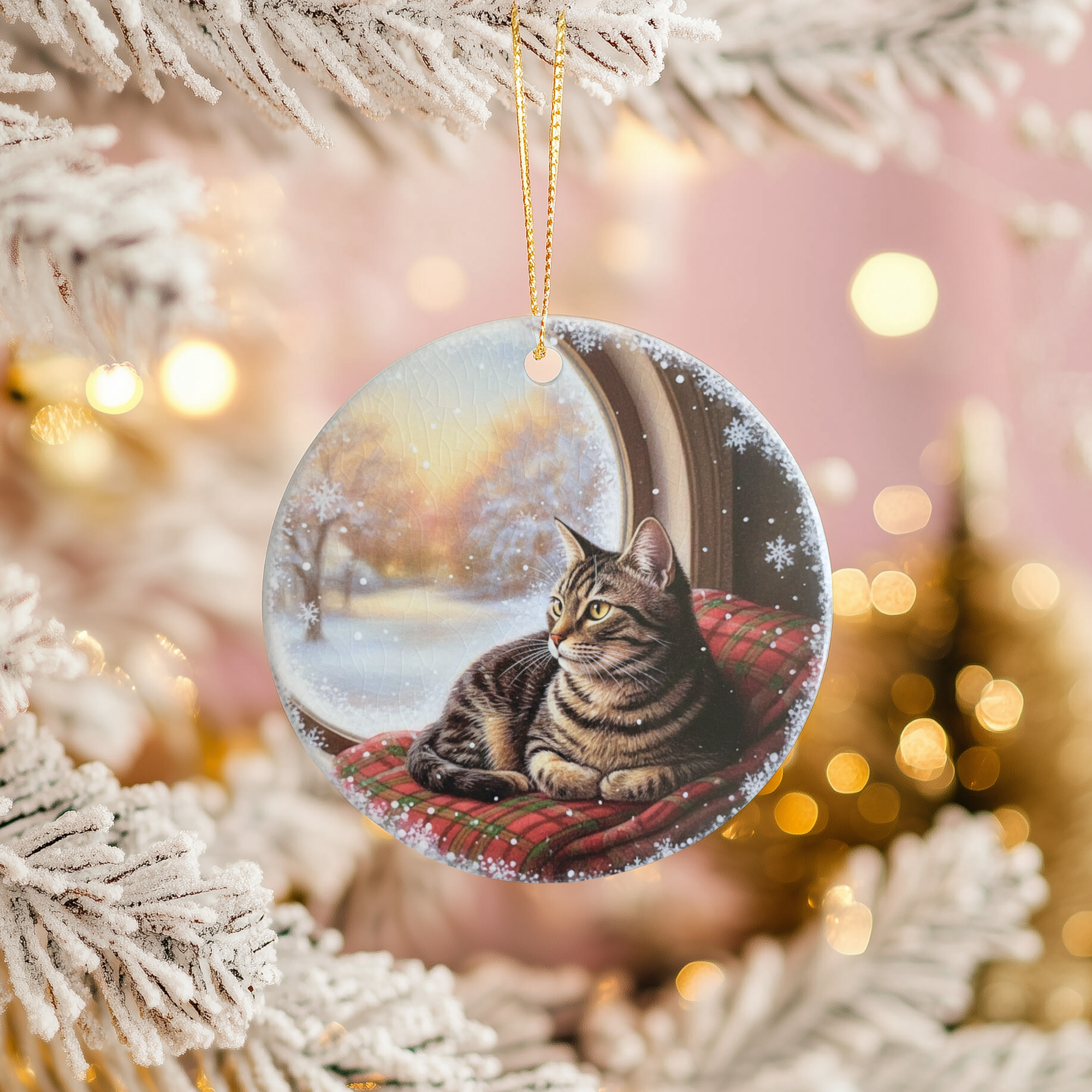 Tabby Cat Ceramic Ornament – Winter Window Christmas Decor