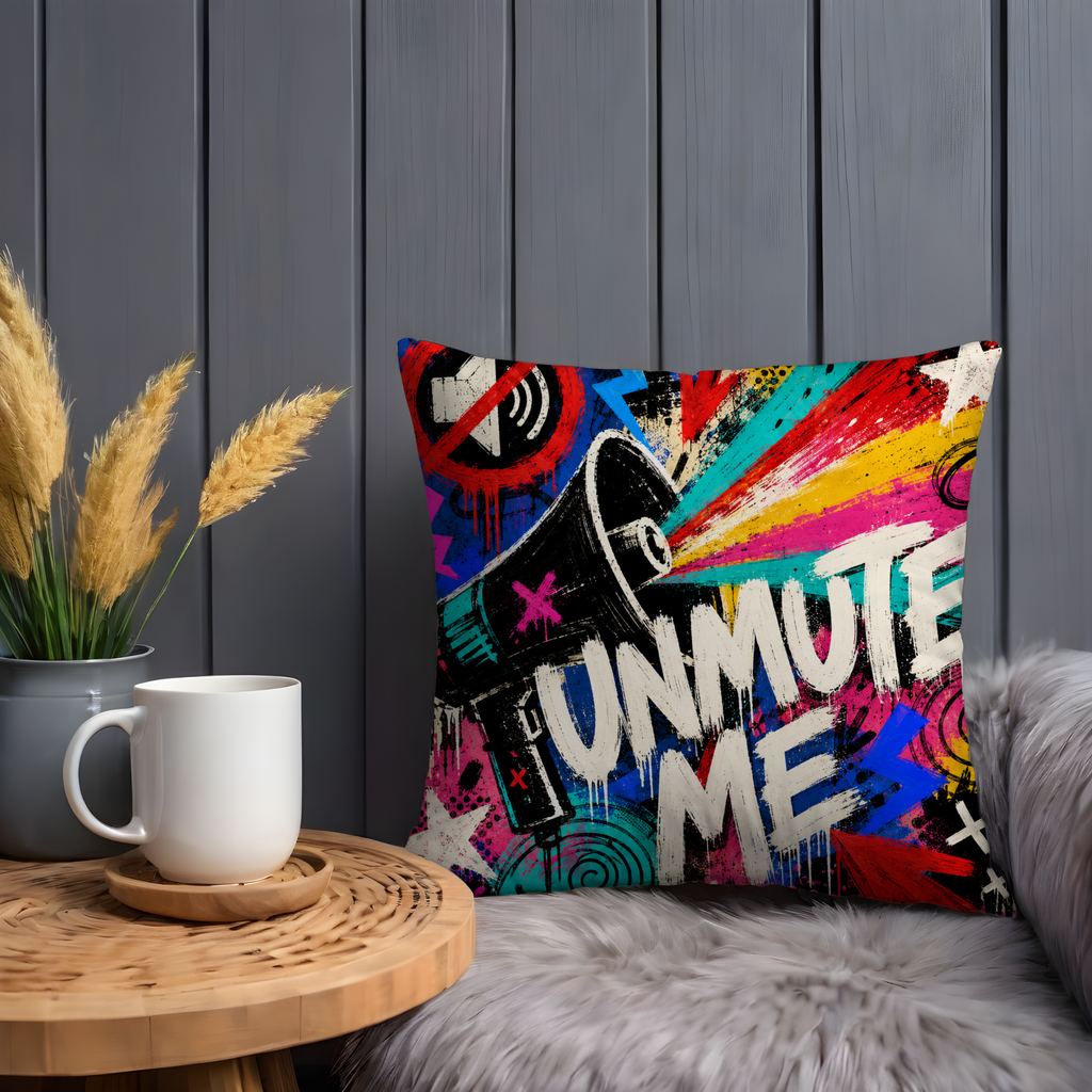 Unmute Me graffiti pillow cover against gray wall with mug and pampas
