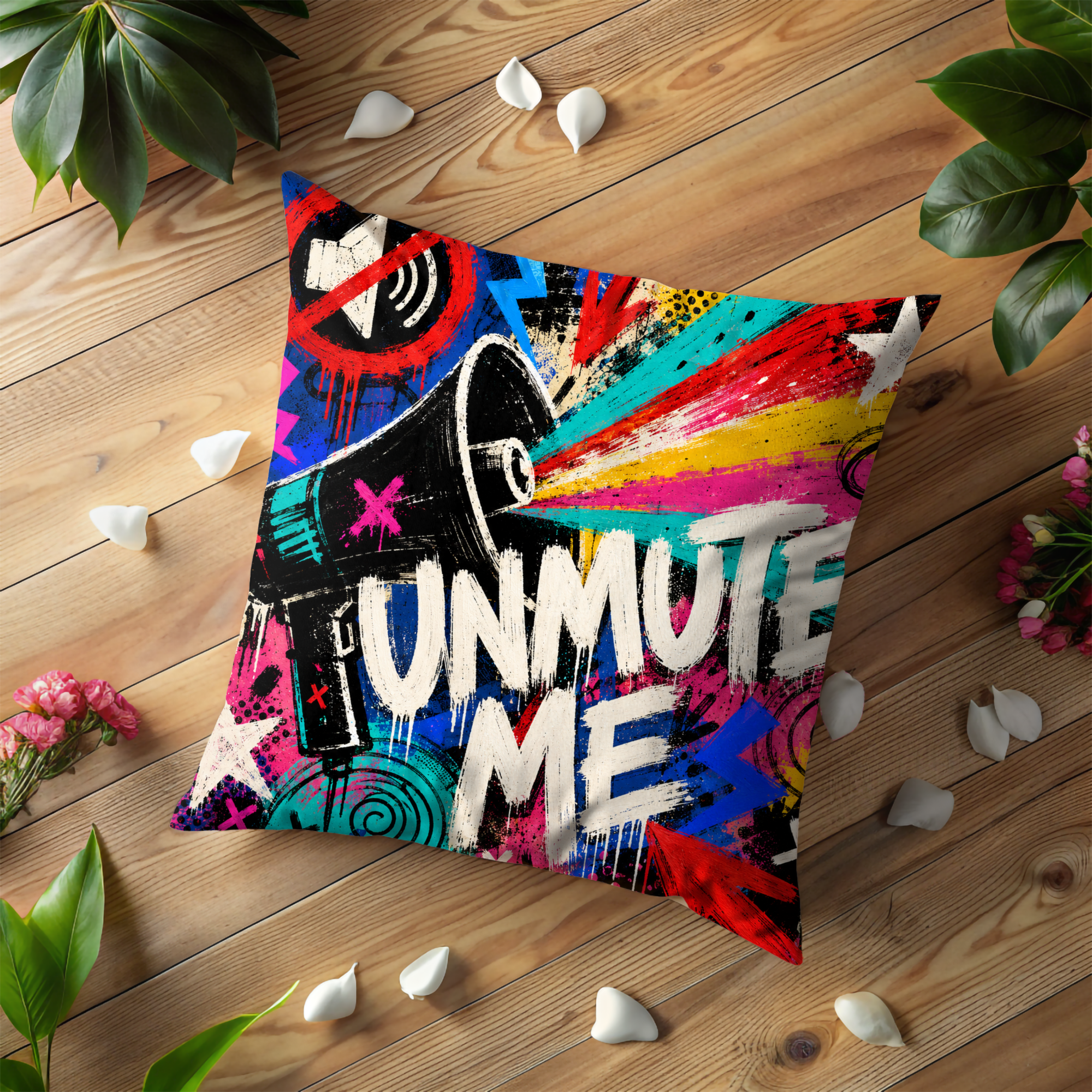 Unmute Me graffiti pillow cover on wood, angled, with greenery