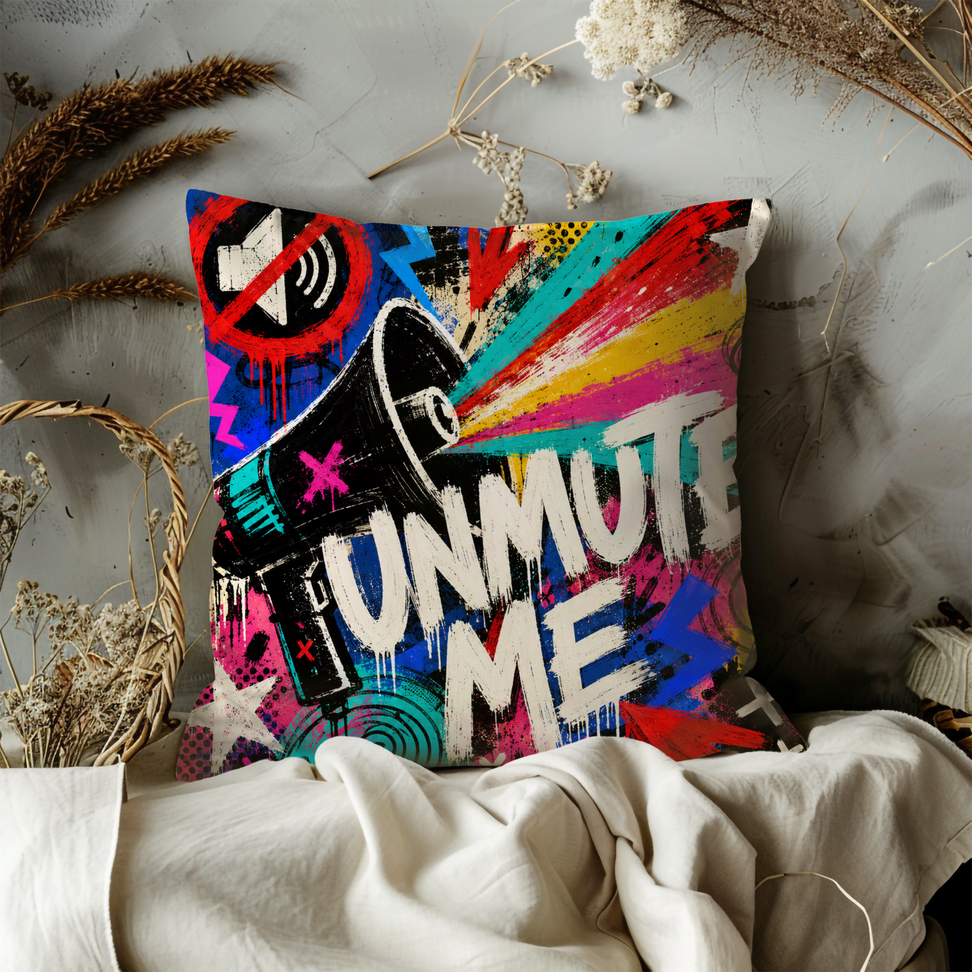 Unmute Me graffiti megaphone pillow cover on rumpled cream bedding with dried botanicals