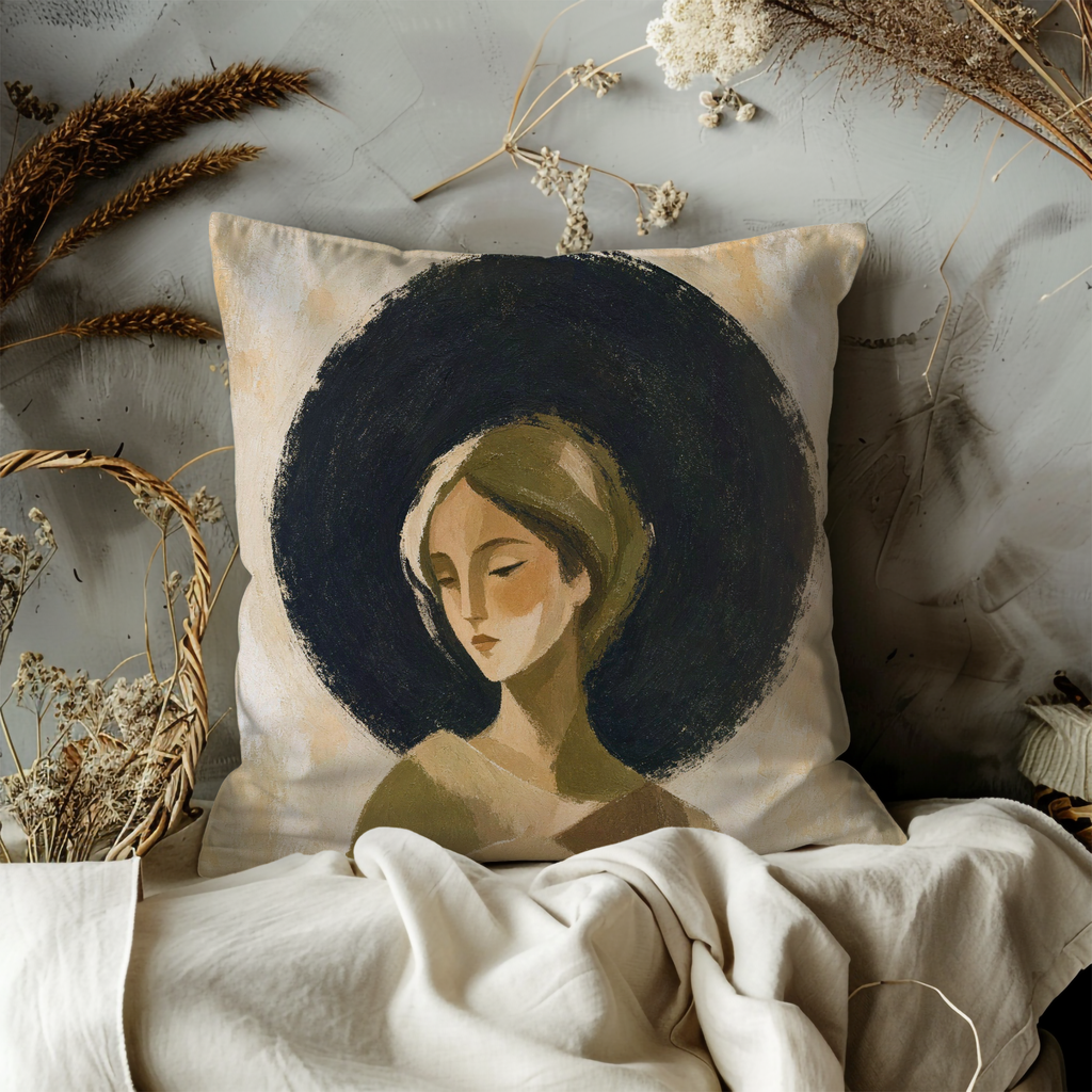 Olive Headscarf Woman Pillow Cover | Modern Folk Portrait Art