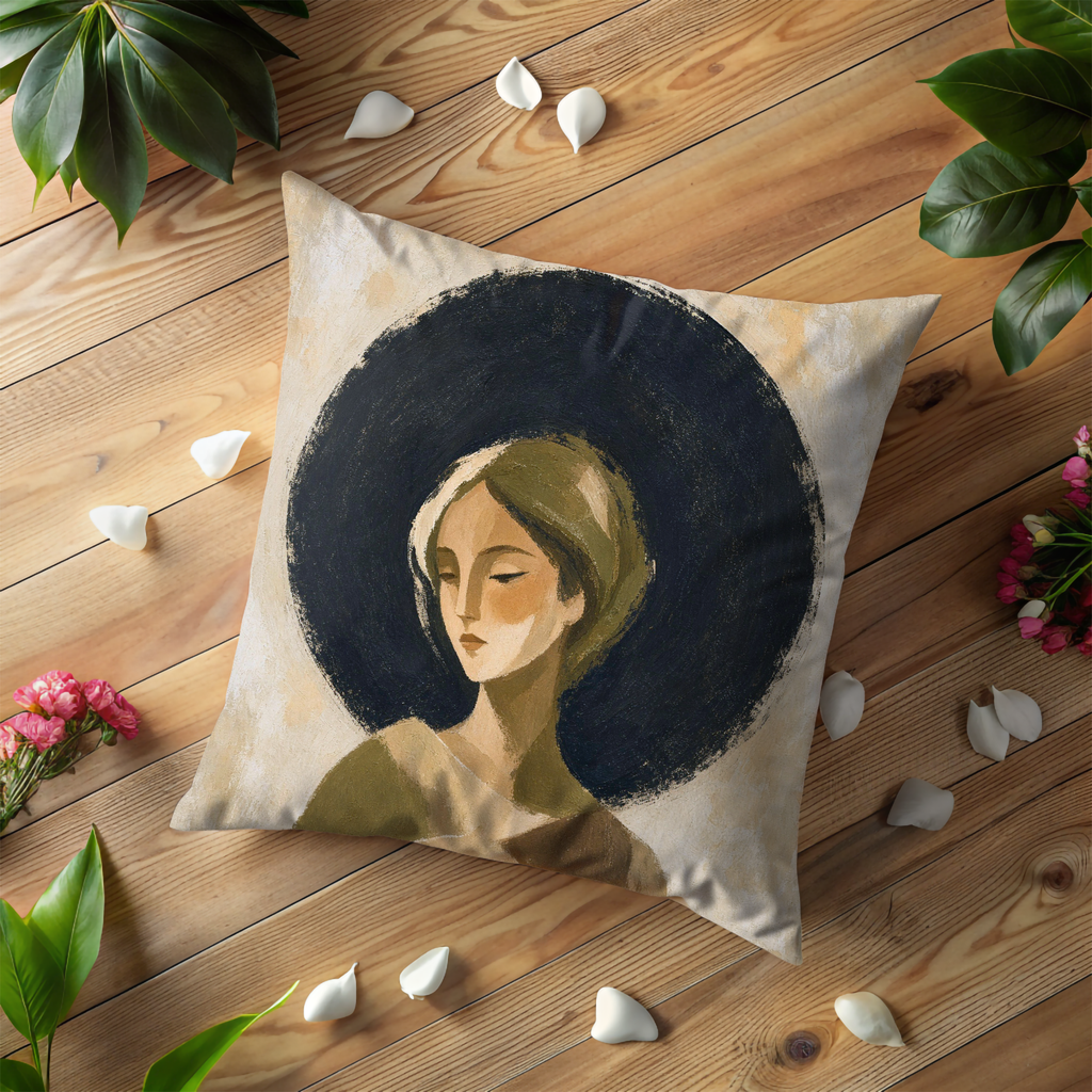 Olive Headscarf Woman Pillow Cover | Modern Folk Portrait Art