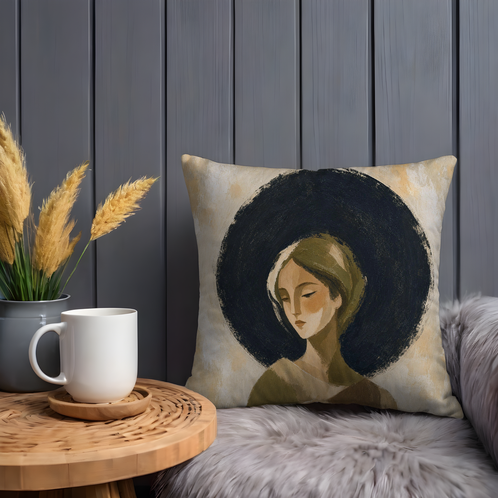 Olive Headscarf Woman Pillow Cover | Modern Folk Portrait Art