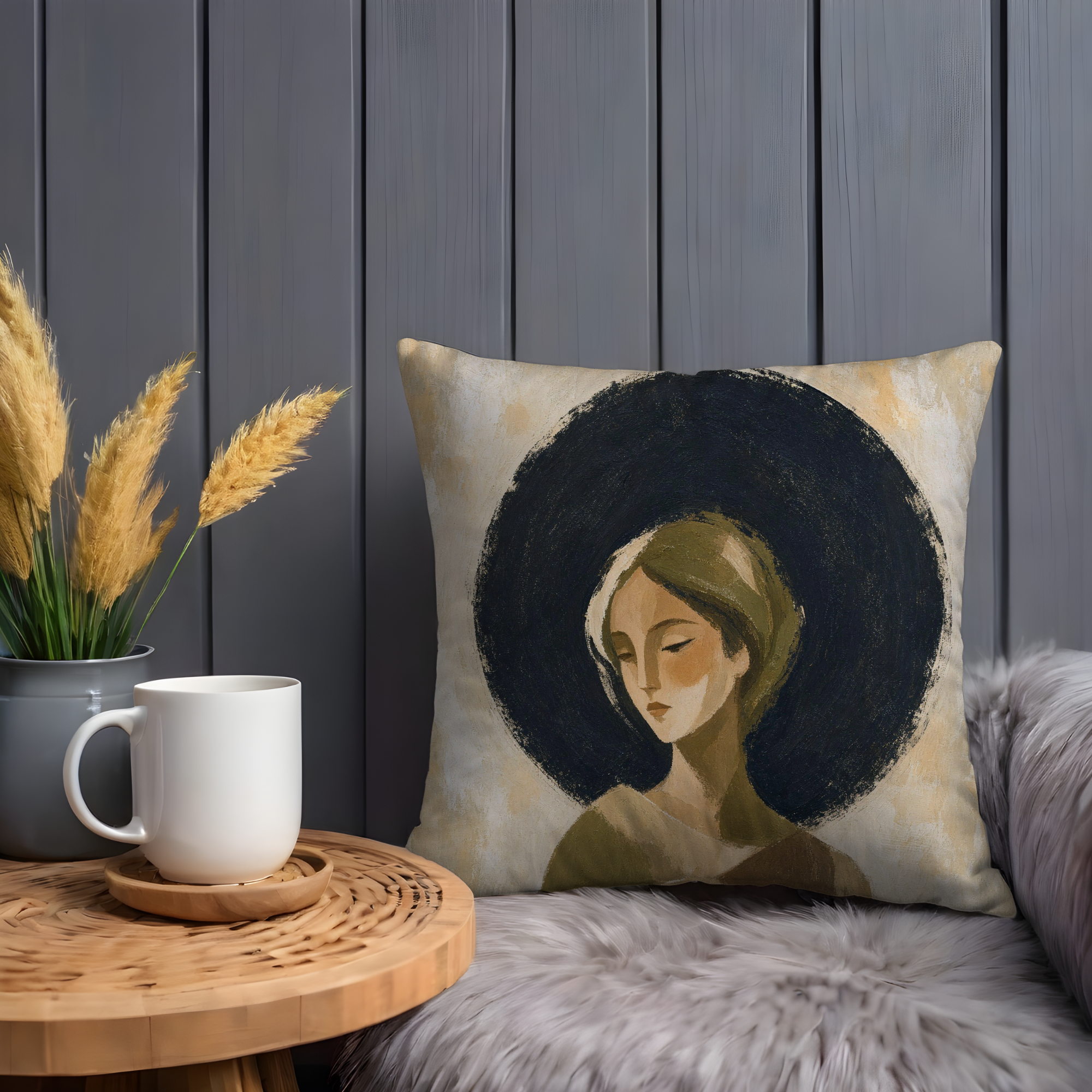 Olive Headscarf Woman Pillow Cover | Modern Folk Portrait Art