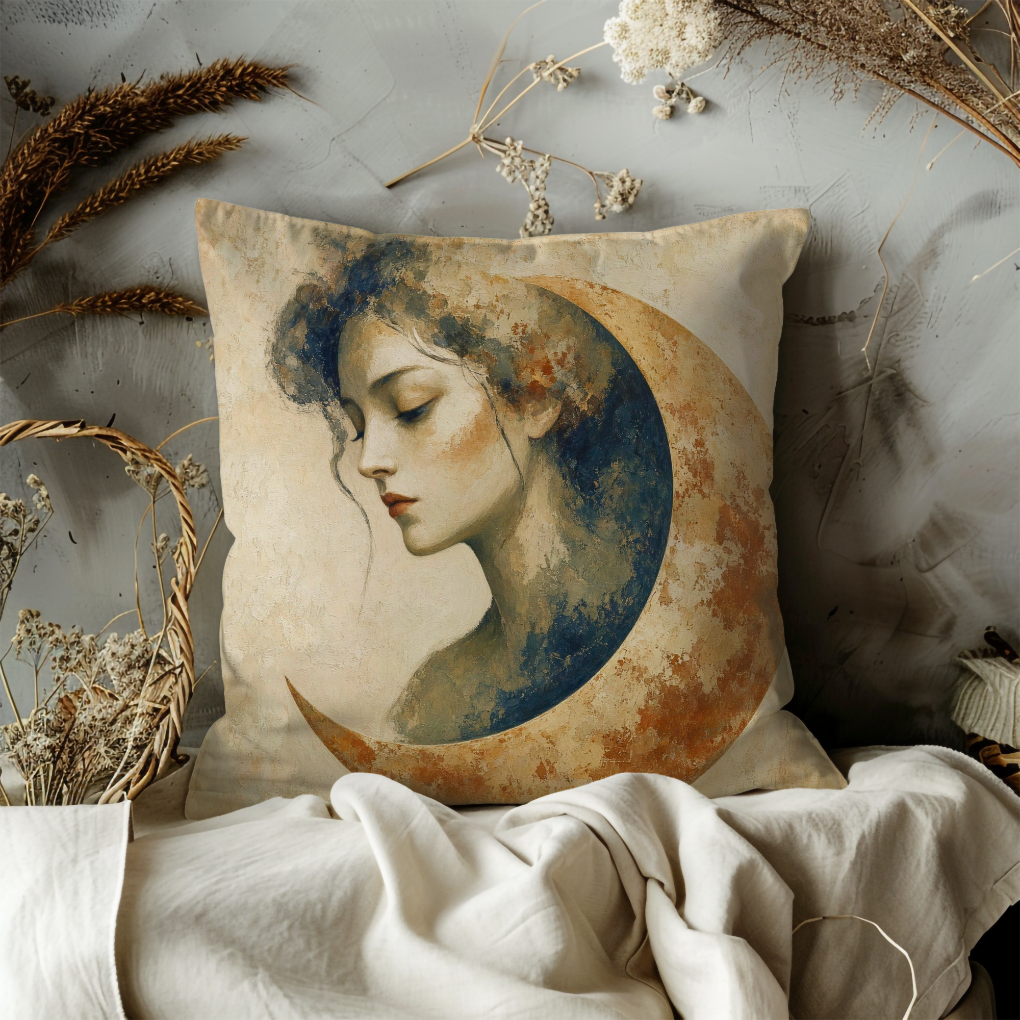 Blue Headscarf Woman Pillow Cover | Textured Earth Tone Portrait Art