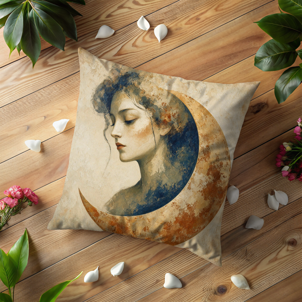 Blue Headscarf Woman Pillow Cover | Textured Earth Tone Portrait Art