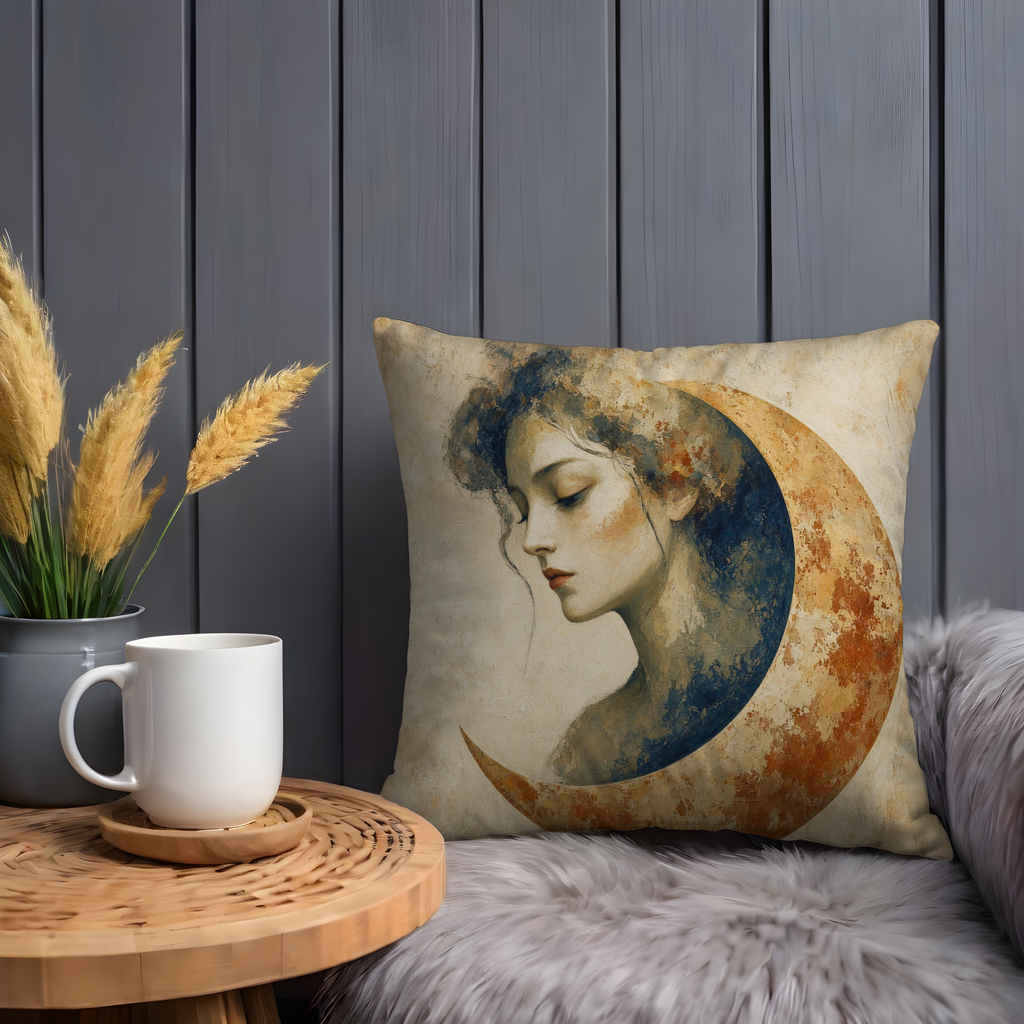 Blue Headscarf Woman Pillow Cover | Textured Earth Tone Portrait Art