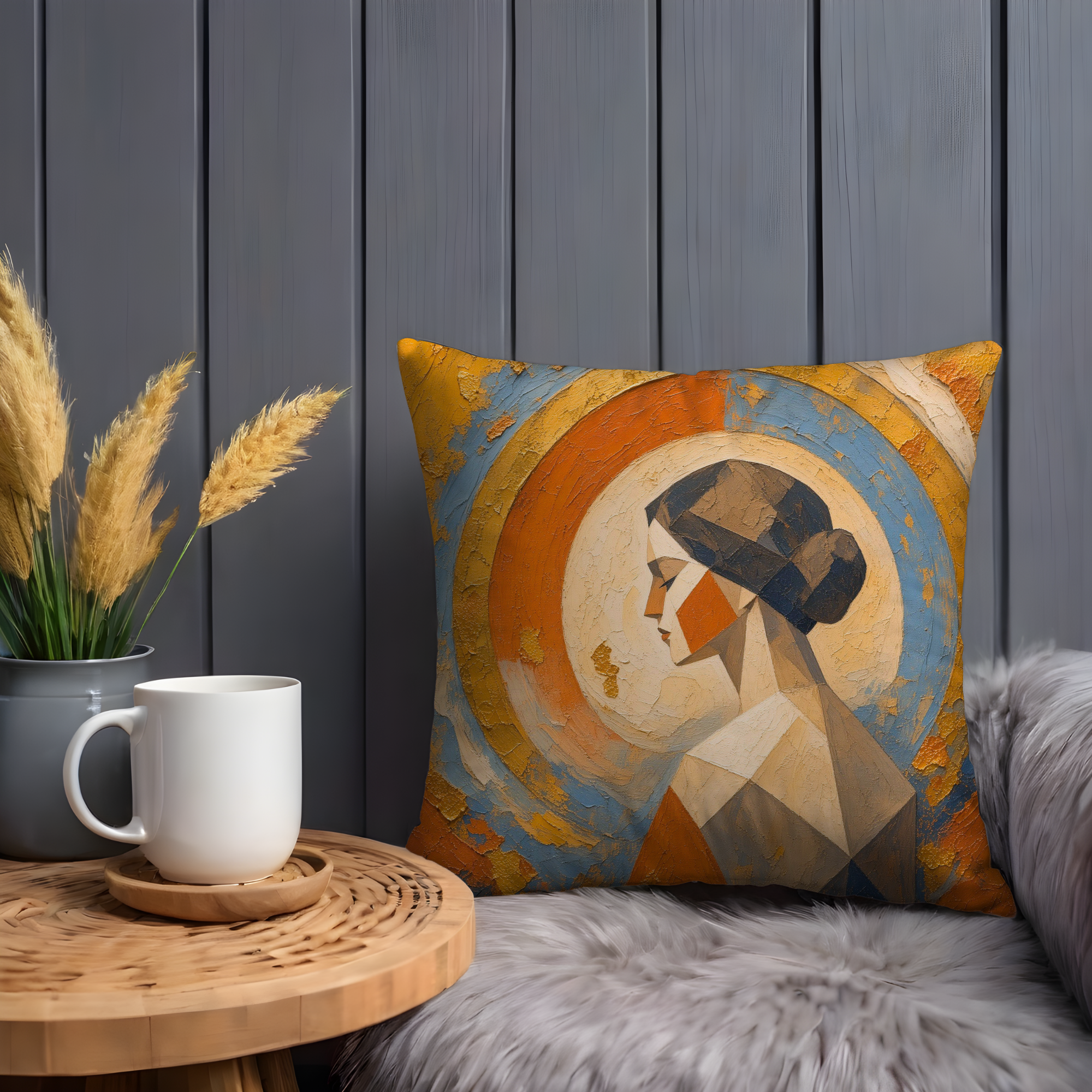 Geometric Woman Portrait Pillow Cover | Textured Orange & Blue Art