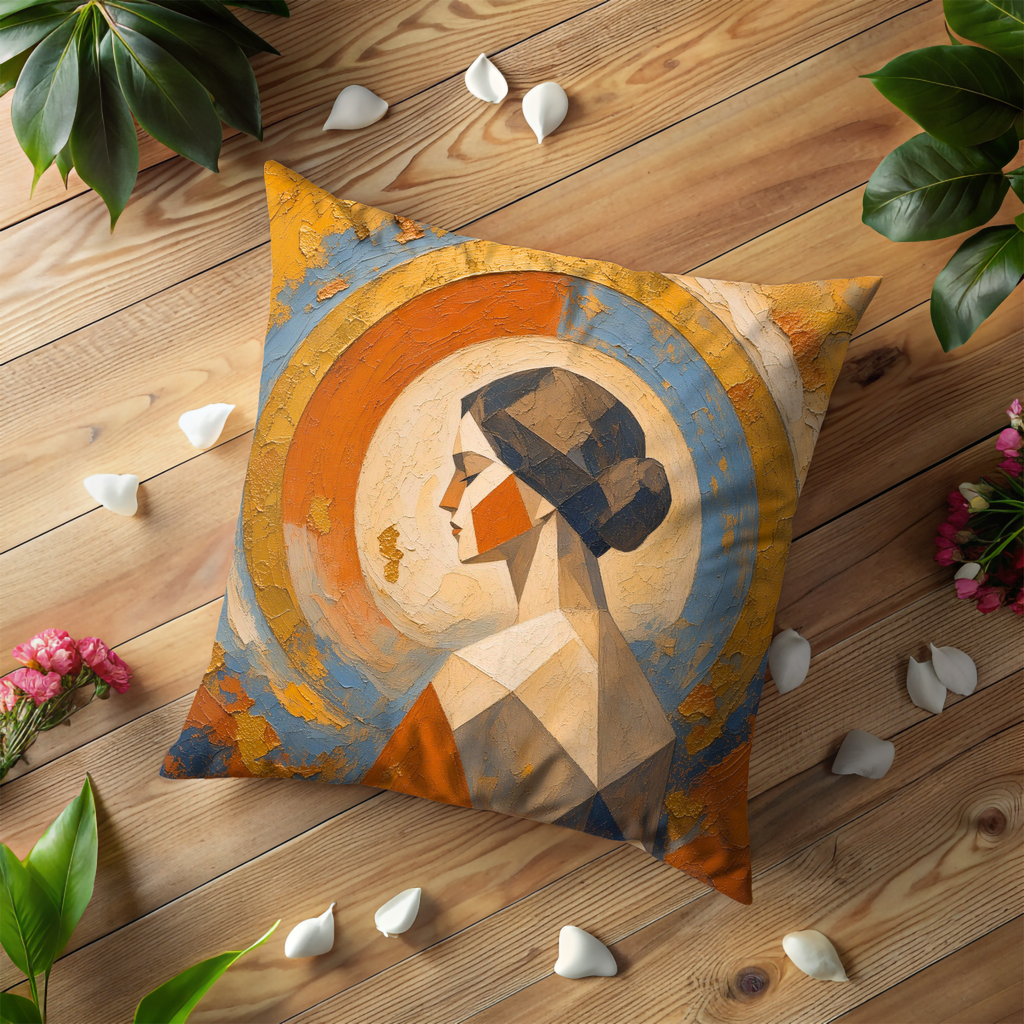Geometric Woman Portrait Pillow Cover | Textured Orange & Blue Art