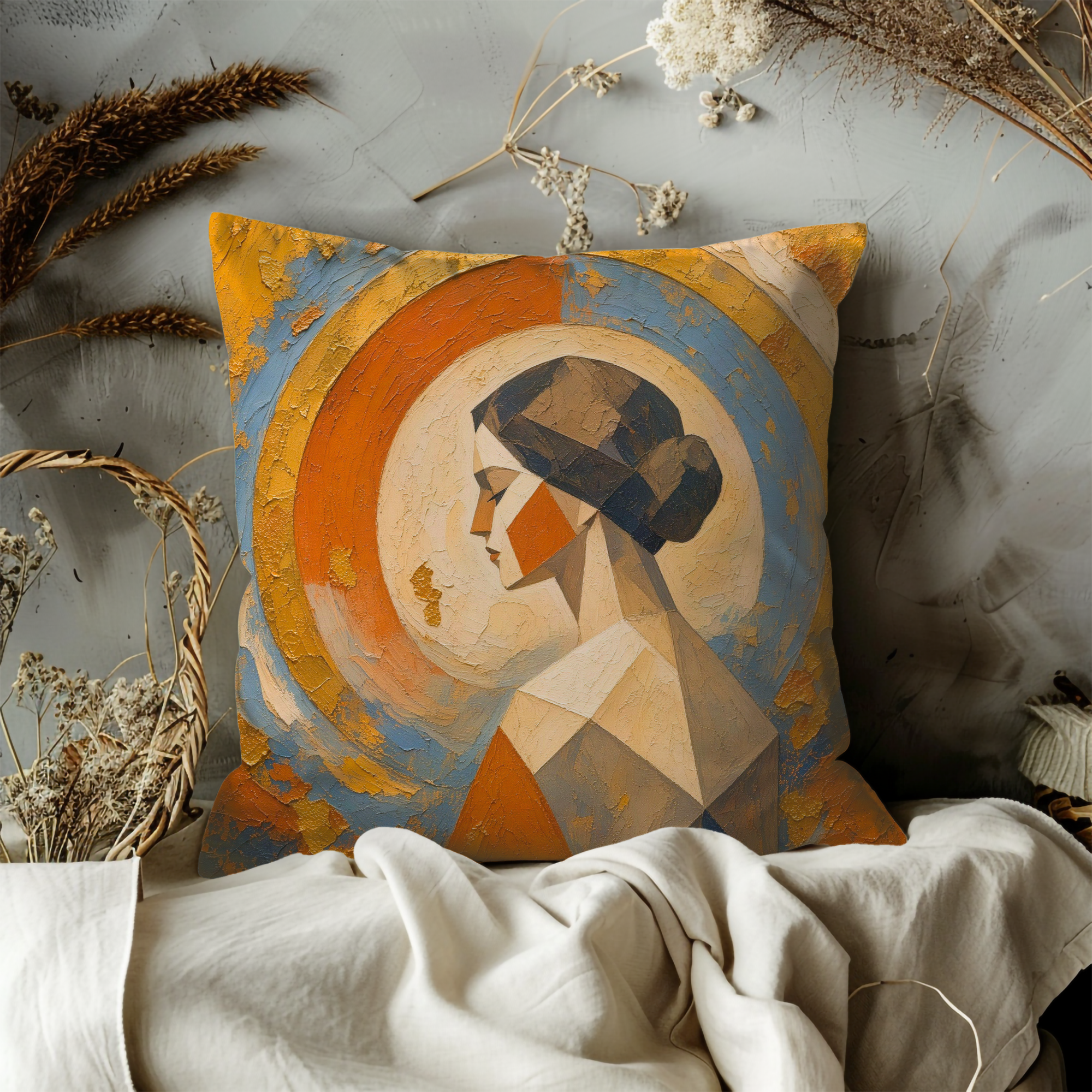 Geometric Woman Portrait Pillow Cover | Textured Orange & Blue Art