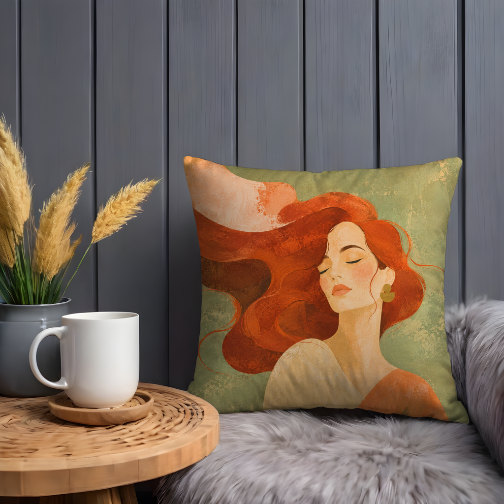 Red Hair Woman and Sun Pillow Cover | Textured Green Portrait Art